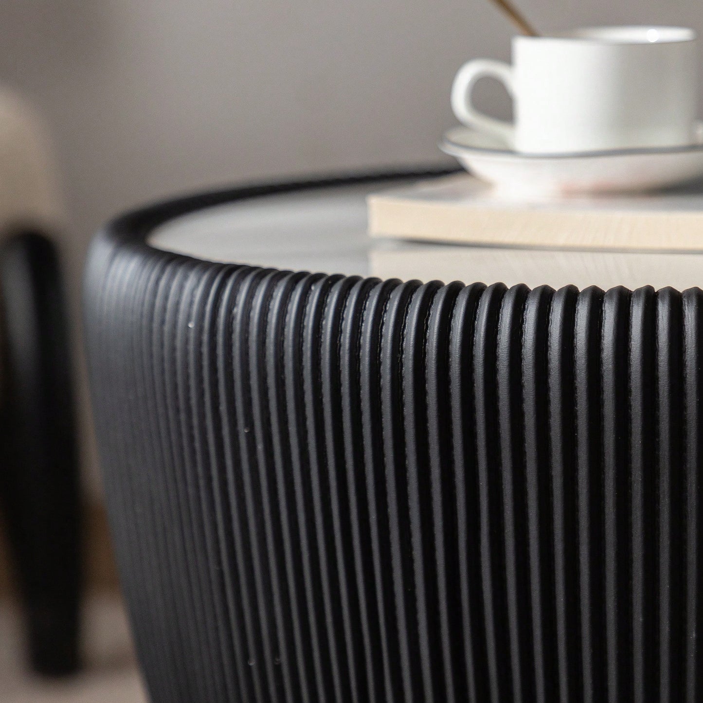Contemporary Round Drum Coffee Table With Sintered Stone Top PU Leather And Metal Base Black 19.7 Inches