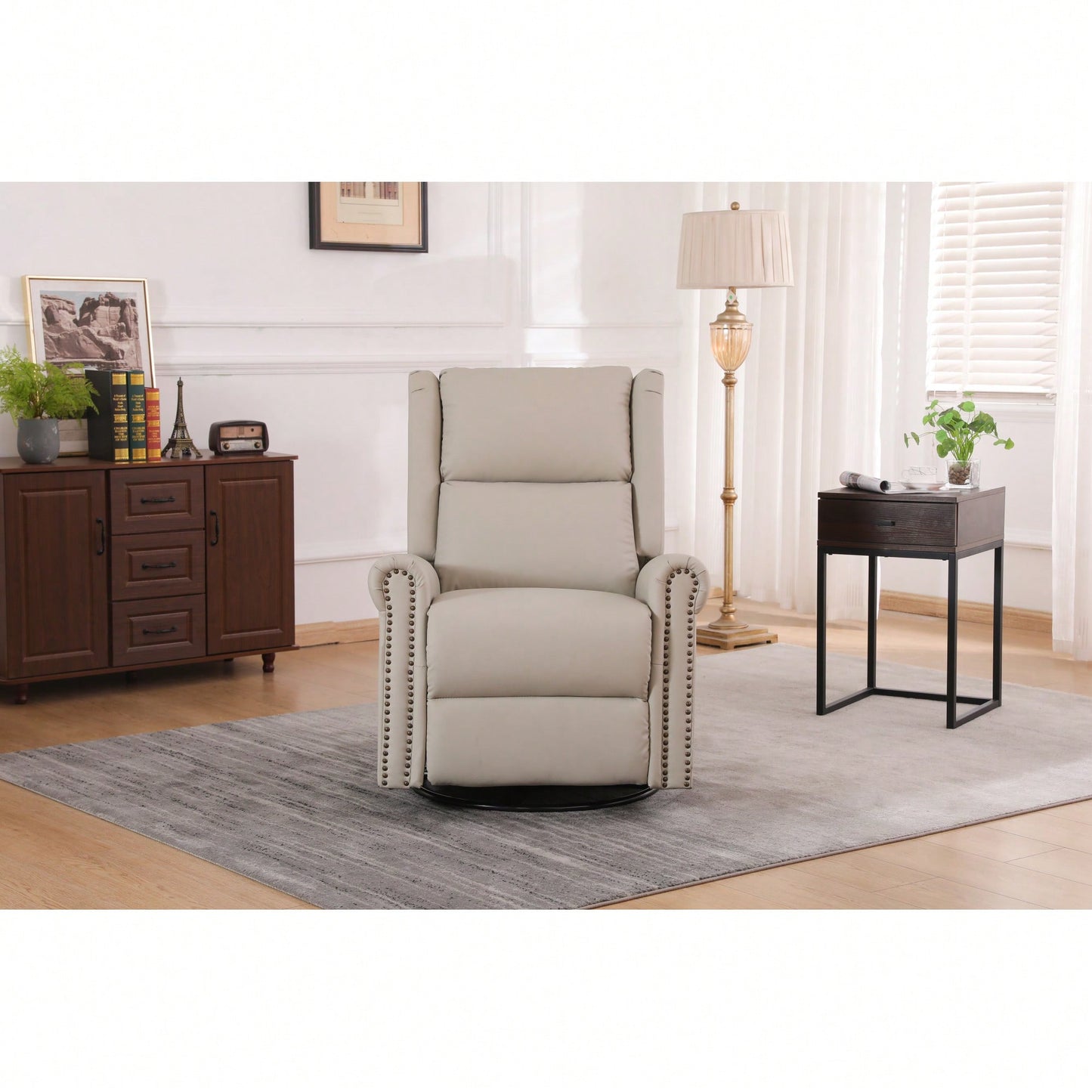 360 Degree Swivel Upholstered Manual Recliner For Living Room Comfort And Style Beige