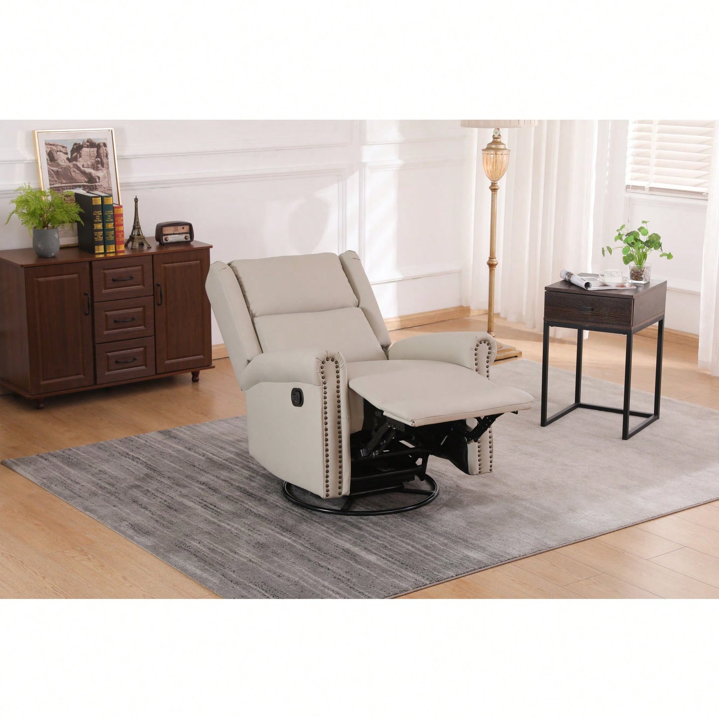 360 Degree Swivel Upholstered Manual Recliner For Living Room Comfort And Style Beige
