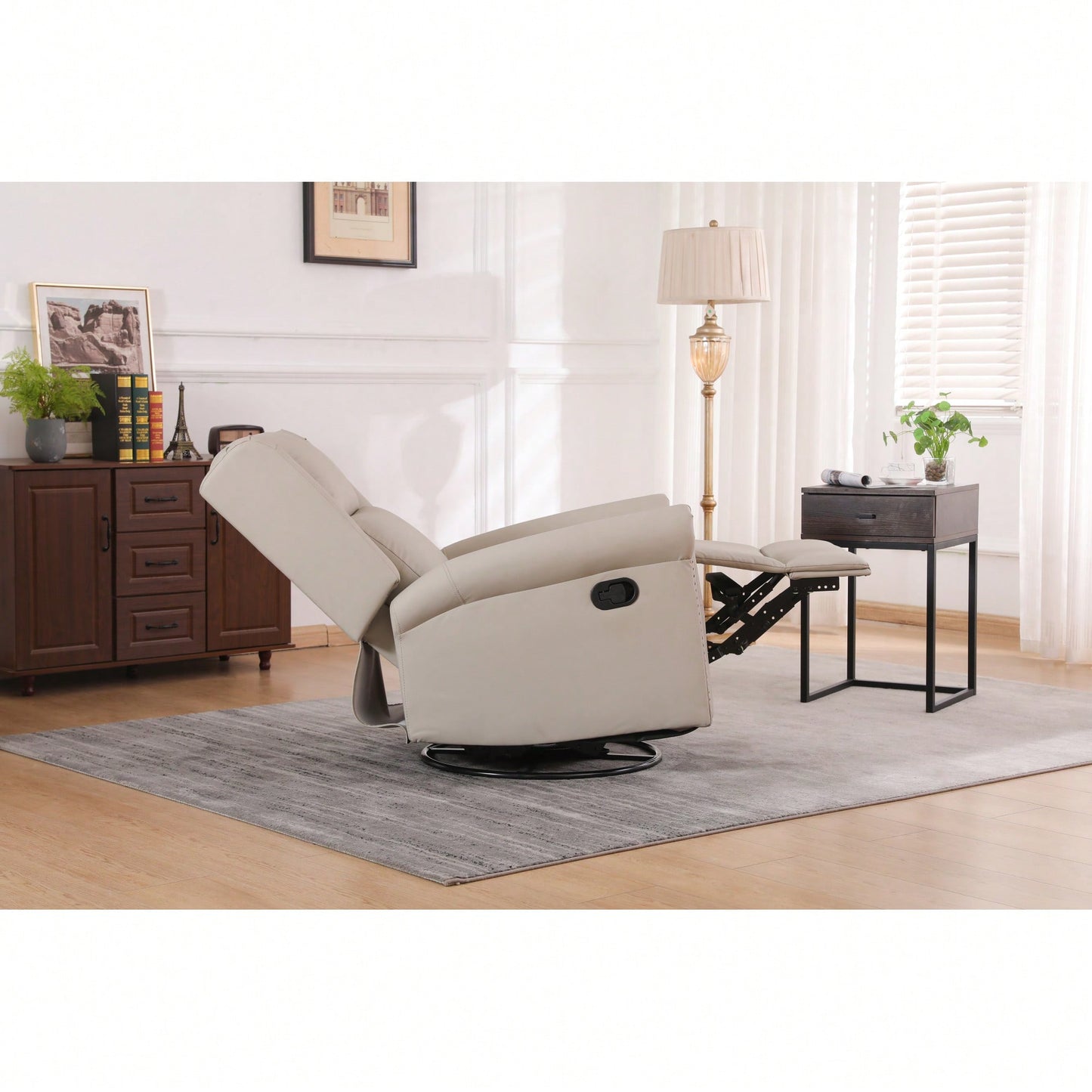 360 Degree Swivel Upholstered Manual Recliner For Living Room Comfort And Style Beige