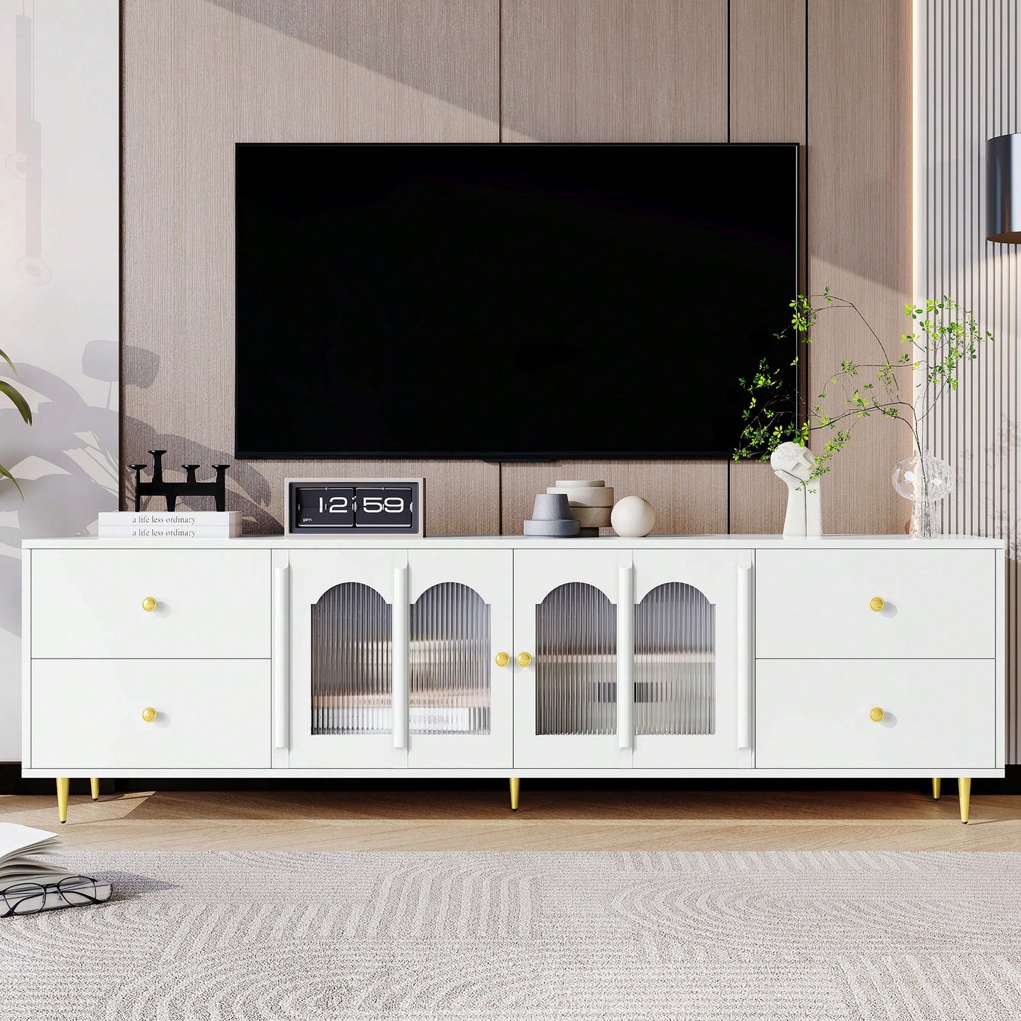 Modern 70.9 Inch TV Stand For Up To 75 Inch TVs With Glass Doors, 4 Drawers, 2 Cabinets, Metal Legs And Handles For Living Room