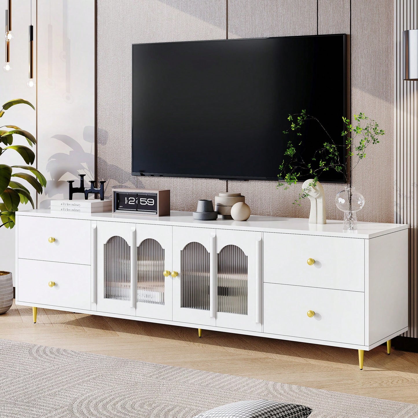 Modern 70.9 Inch TV Stand For Up To 75 Inch TVs With Glass Doors, 4 Drawers, 2 Cabinets, Metal Legs And Handles For Living Room