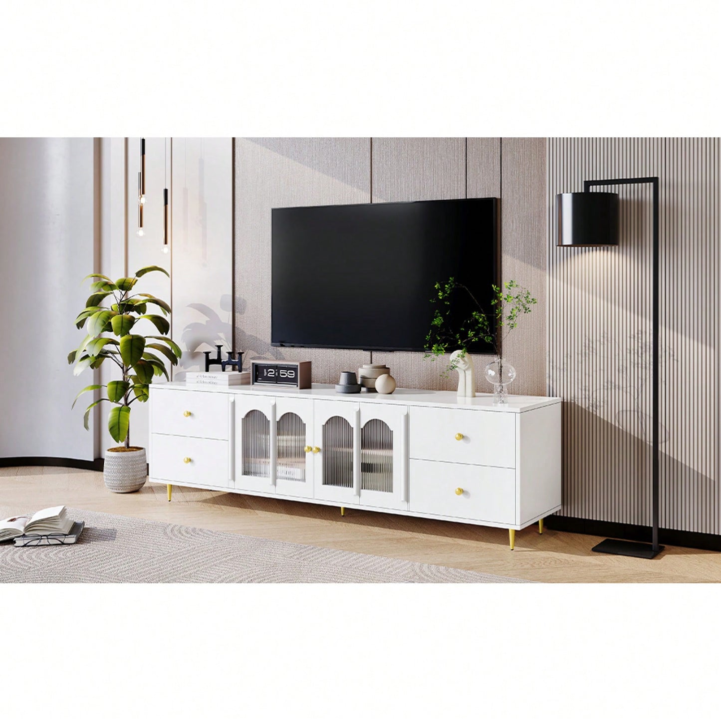 Modern 70.9 Inch TV Stand For Up To 75 Inch TVs With Glass Doors, 4 Drawers, 2 Cabinets, Metal Legs And Handles For Living Room