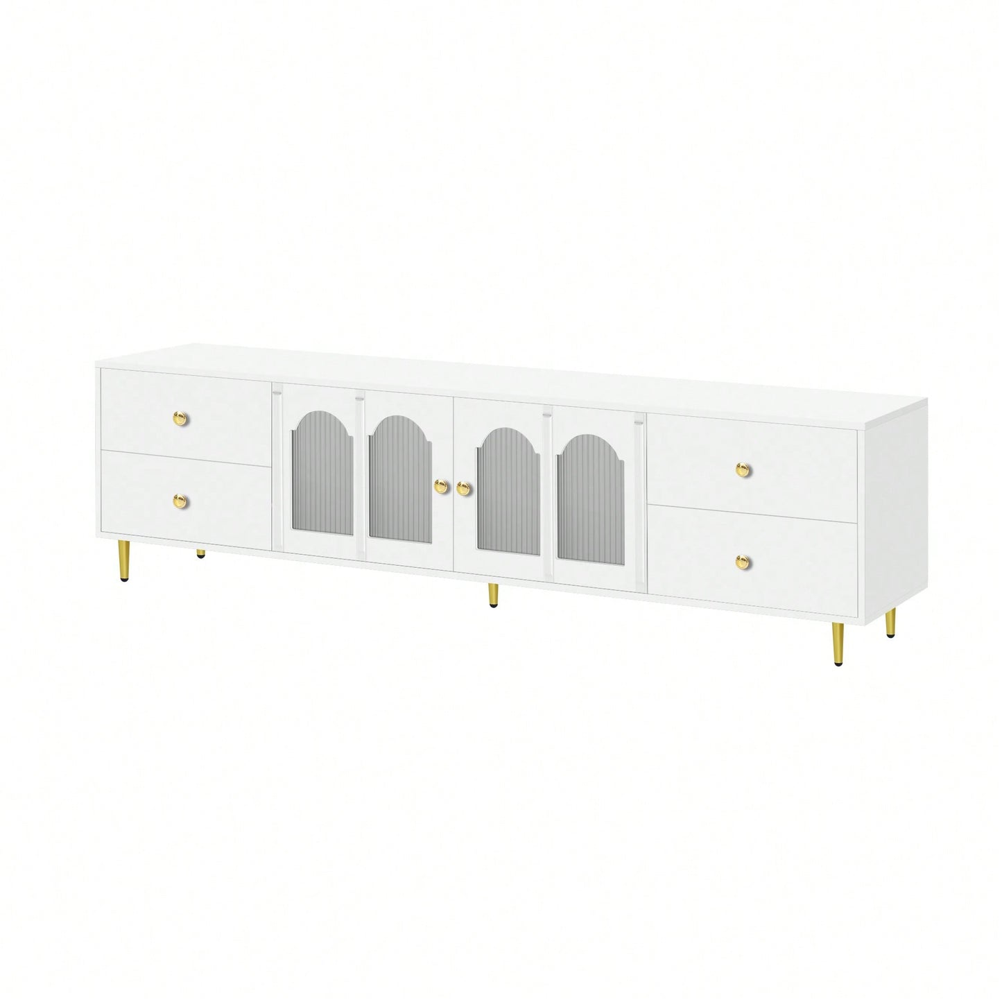 Modern 70.9 Inch TV Stand For Up To 75 Inch TVs With Glass Doors, 4 Drawers, 2 Cabinets, Metal Legs And Handles For Living Room