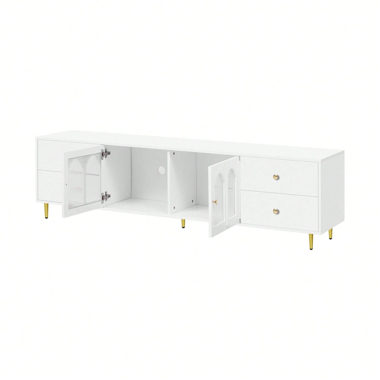 Modern 70.9 Inch TV Stand For Up To 75 Inch TVs With Glass Doors, 4 Drawers, 2 Cabinets, Metal Legs And Handles For Living Room