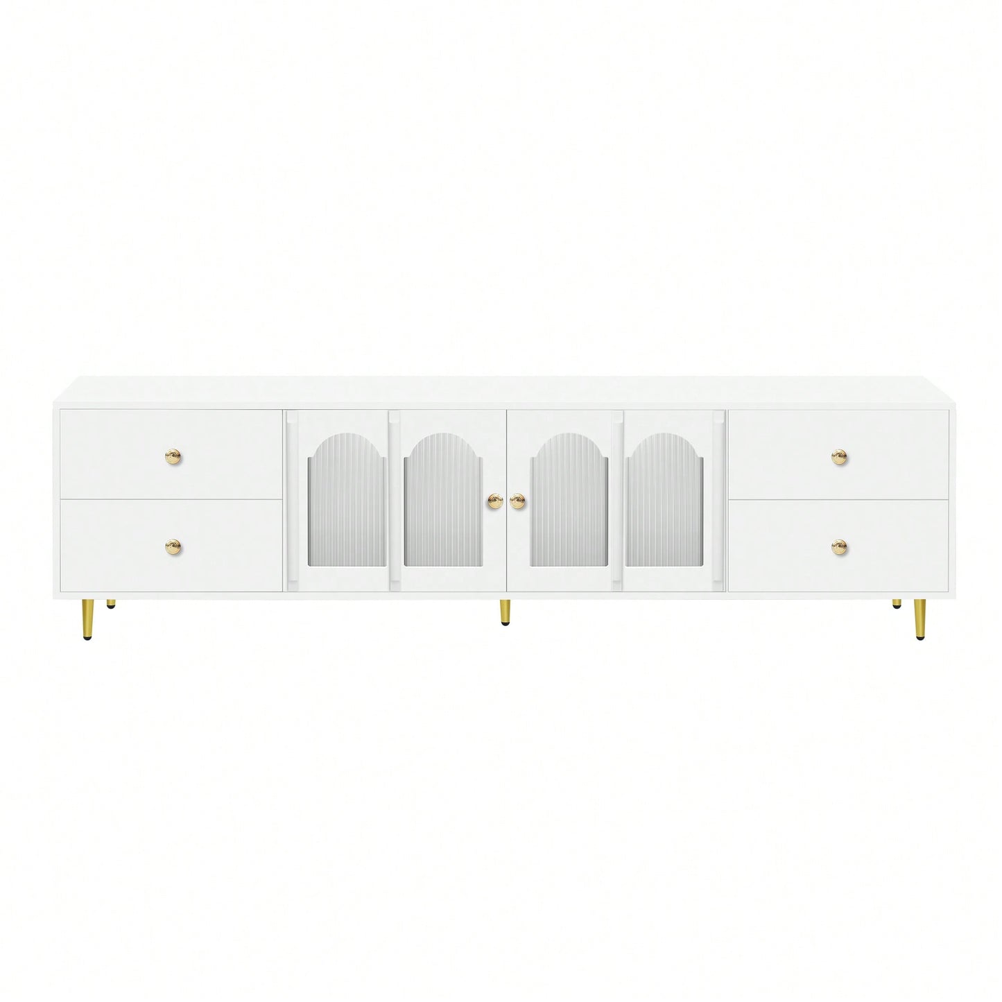Modern 70.9 Inch TV Stand For Up To 75 Inch TVs With Glass Doors, 4 Drawers, 2 Cabinets, Metal Legs And Handles For Living Room