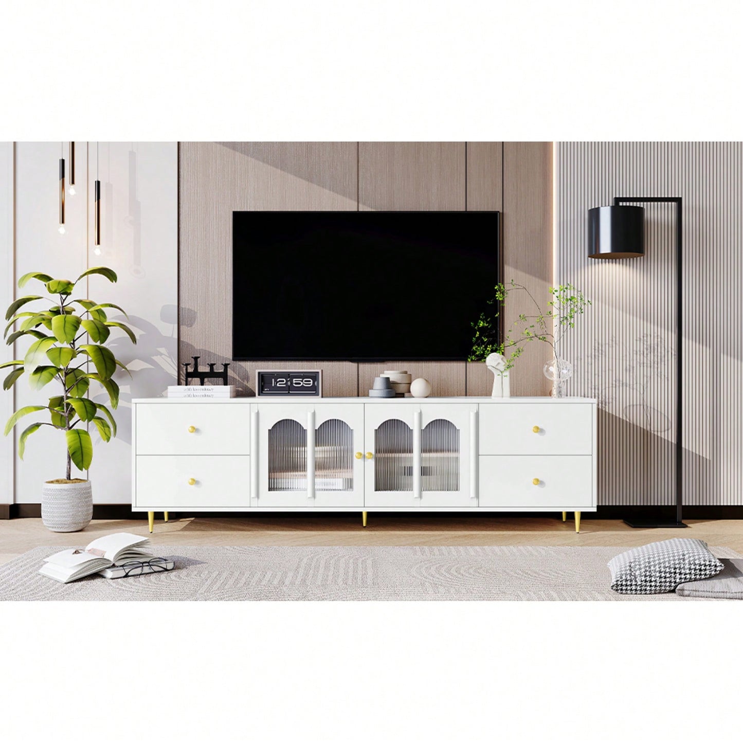 Modern 70.9 Inch TV Stand For Up To 75 Inch TVs With Glass Doors, 4 Drawers, 2 Cabinets, Metal Legs And Handles For Living Room