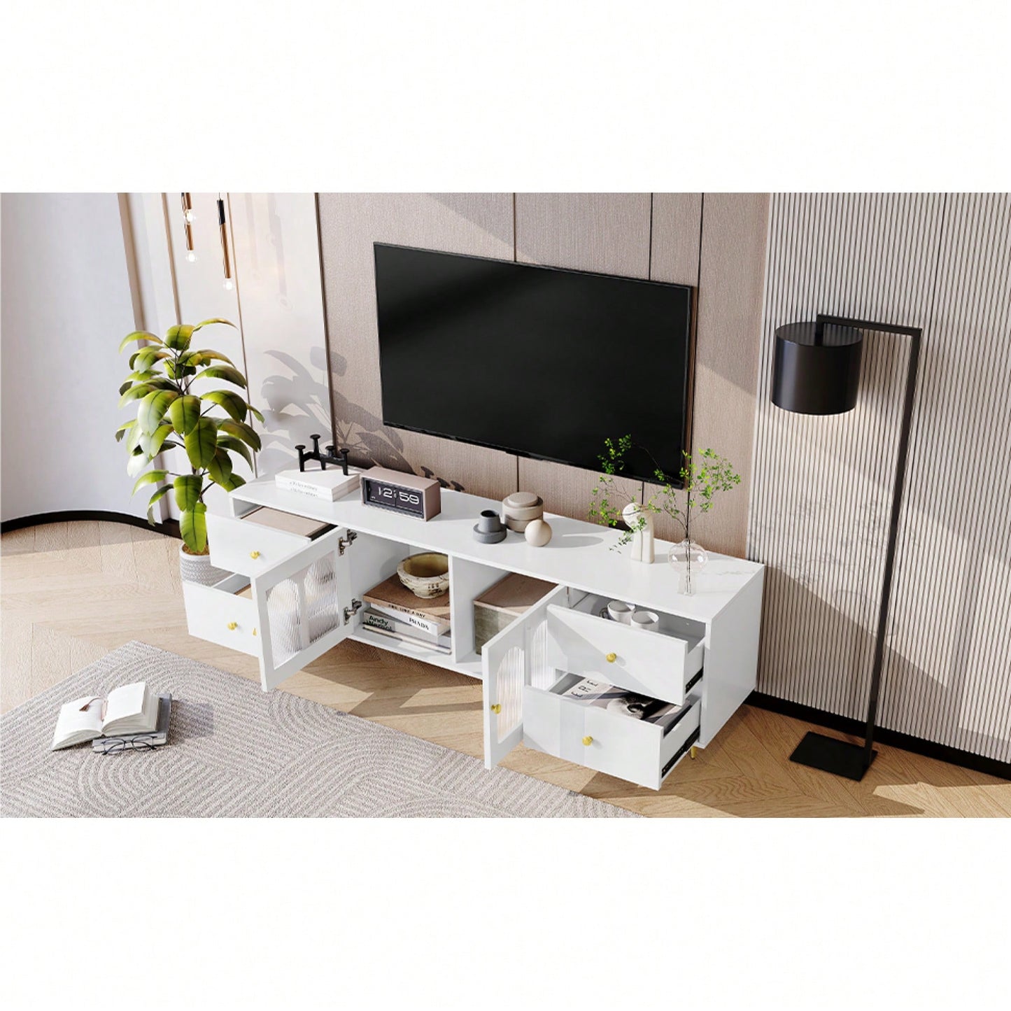 Modern 70.9 Inch TV Stand For Up To 75 Inch TVs With Glass Doors, 4 Drawers, 2 Cabinets, Metal Legs And Handles For Living Room