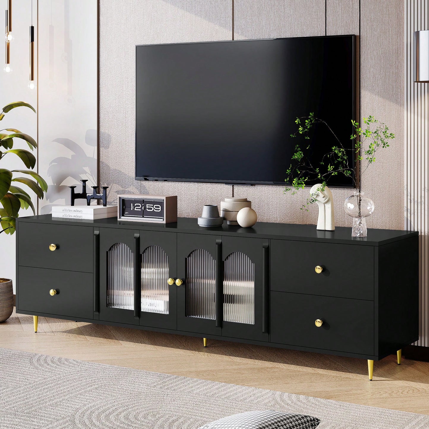 Modern 70.9 Inch TV Stand For Up To 75 Inch TVs With Glass Doors, 4 Drawers, 2 Cabinets, Metal Legs And Handles For Living Room