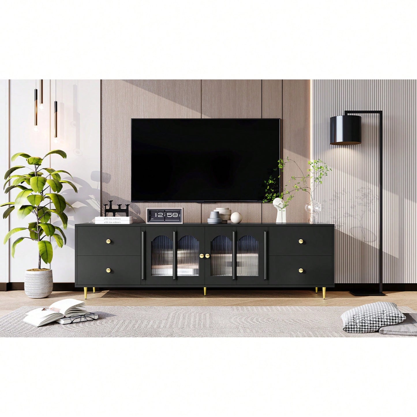 Modern 70.9 Inch TV Stand For Up To 75 Inch TVs With Glass Doors, 4 Drawers, 2 Cabinets, Metal Legs And Handles For Living Room