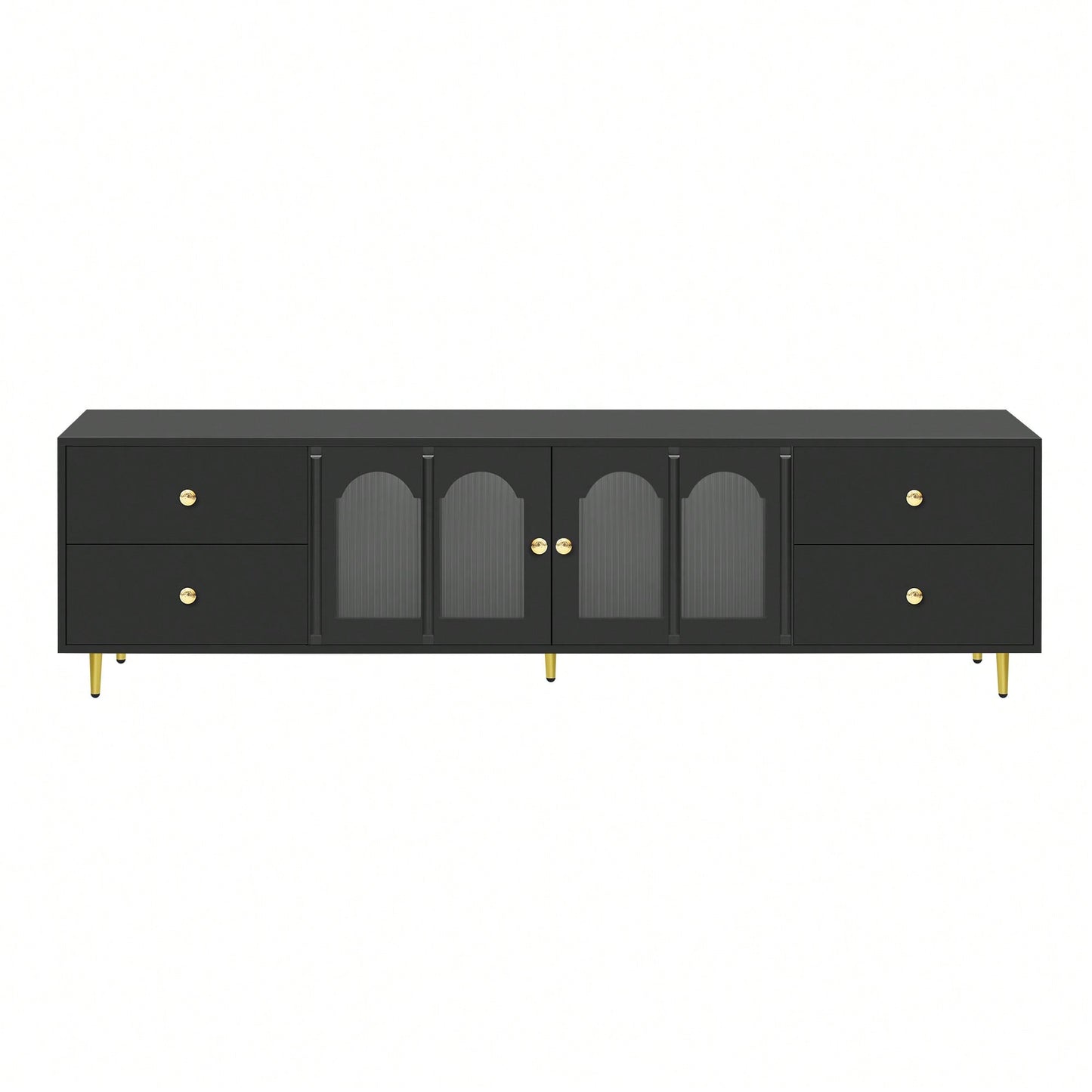 Modern 70.9 Inch TV Stand For Up To 75 Inch TVs With Glass Doors, 4 Drawers, 2 Cabinets, Metal Legs And Handles For Living Room