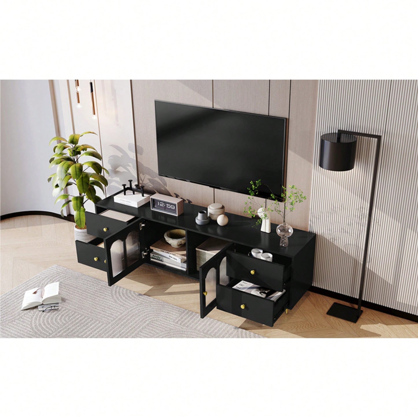 Modern 70.9 Inch TV Stand For Up To 75 Inch TVs With Glass Doors, 4 Drawers, 2 Cabinets, Metal Legs And Handles For Living Room