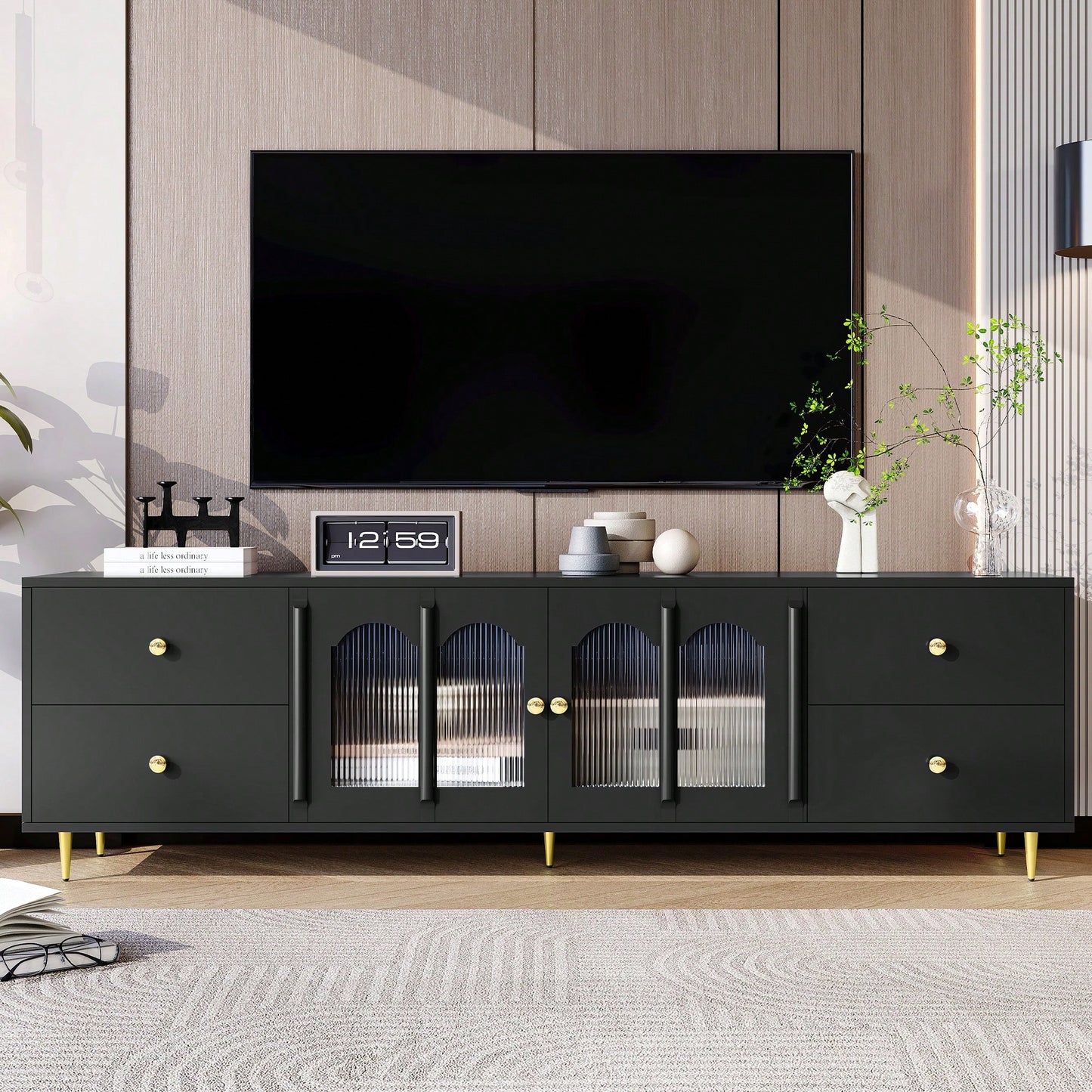 Modern 70.9 Inch TV Stand For Up To 75 Inch TVs With Glass Doors, 4 Drawers, 2 Cabinets, Metal Legs And Handles For Living Room