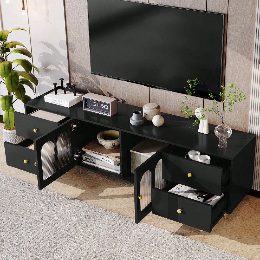 Modern 70.9 Inch TV Stand For Up To 75 Inch TVs With Glass Doors, 4 Drawers, 2 Cabinets, Metal Legs And Handles For Living Room