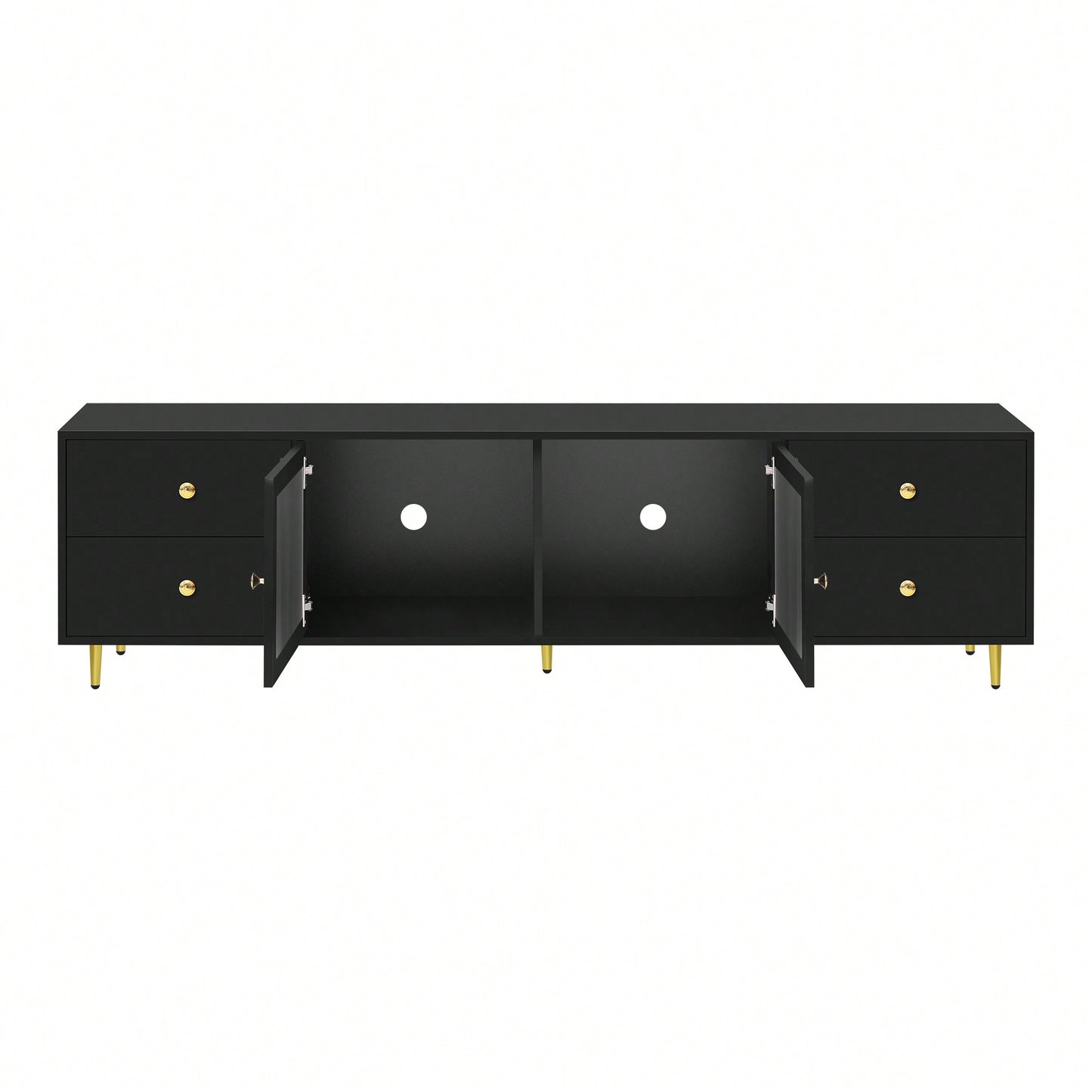 Modern 70.9 Inch TV Stand For Up To 75 Inch TVs With Glass Doors, 4 Drawers, 2 Cabinets, Metal Legs And Handles For Living Room