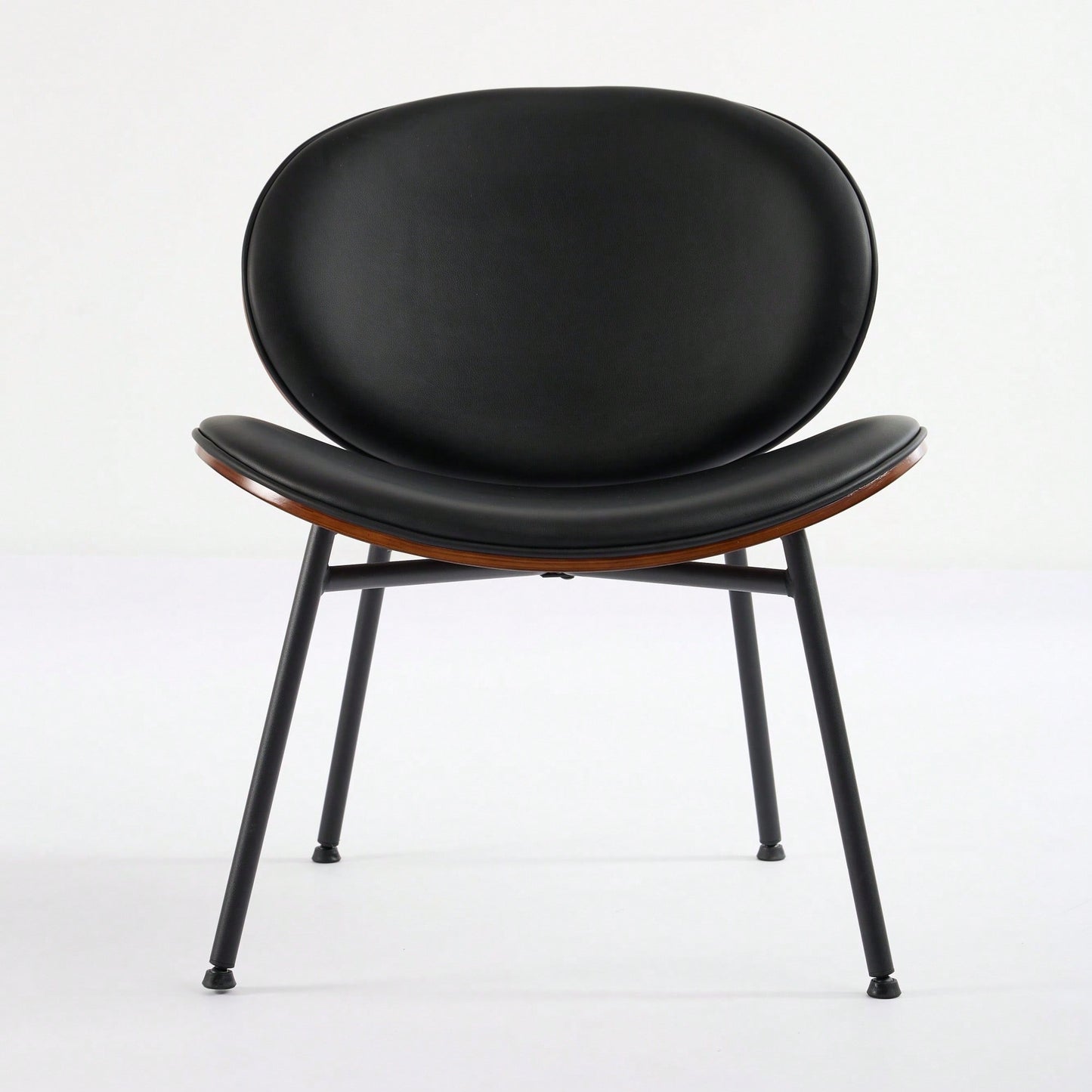 Mid-Century Modern Black Leather Lounge Chair With Walnut Finish Comfortable Backrest And Tripod Design