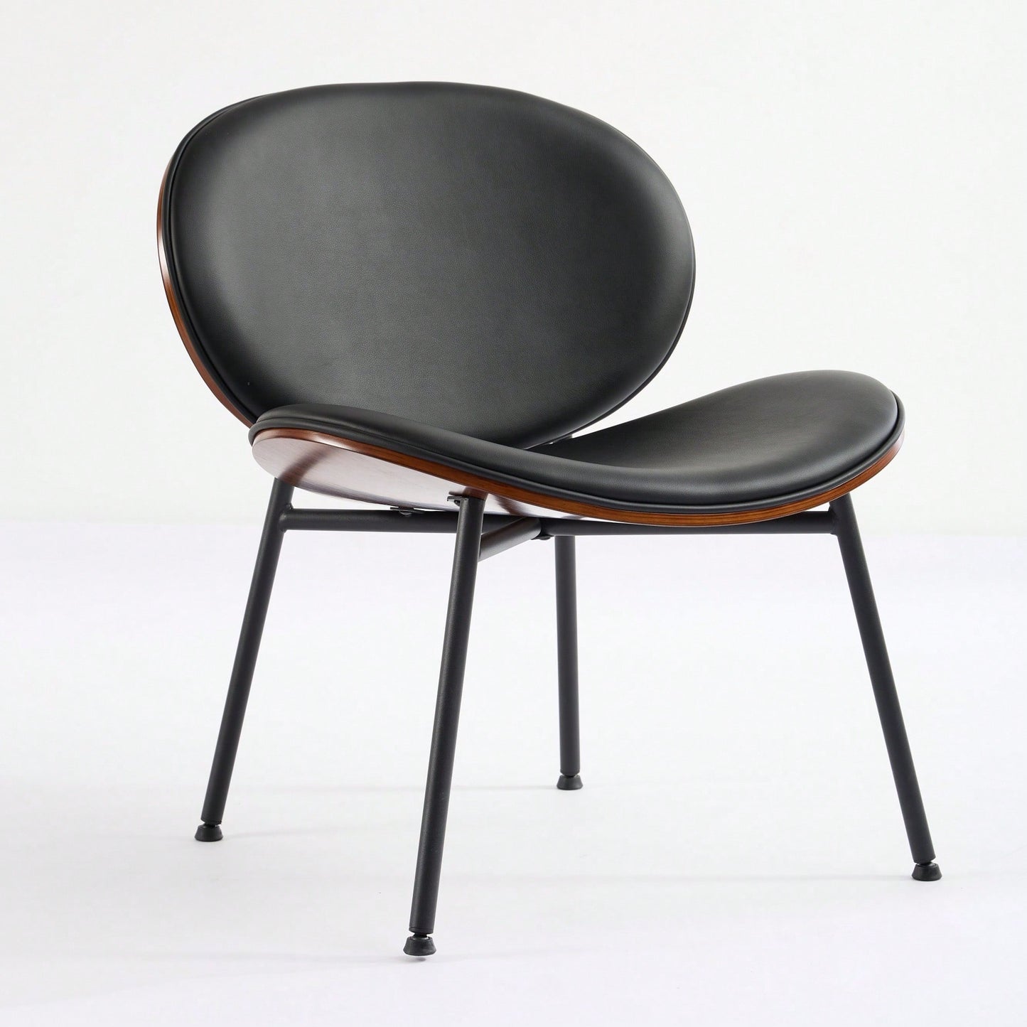 Mid-Century Modern Black Leather Lounge Chair With Walnut Finish Comfortable Backrest And Tripod Design