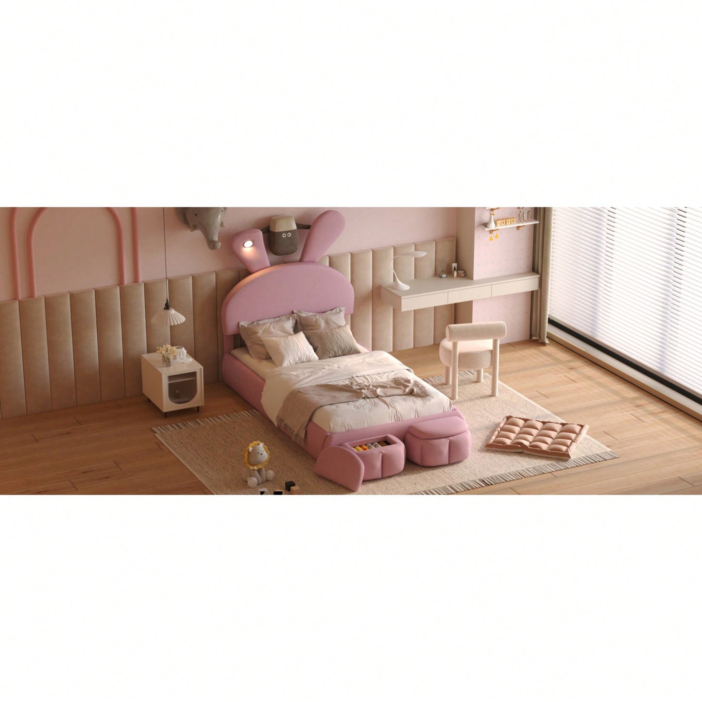 Twin Size Upholstered Platform Bed With Cartoon Ears Headboard And Built-In Light Beige
