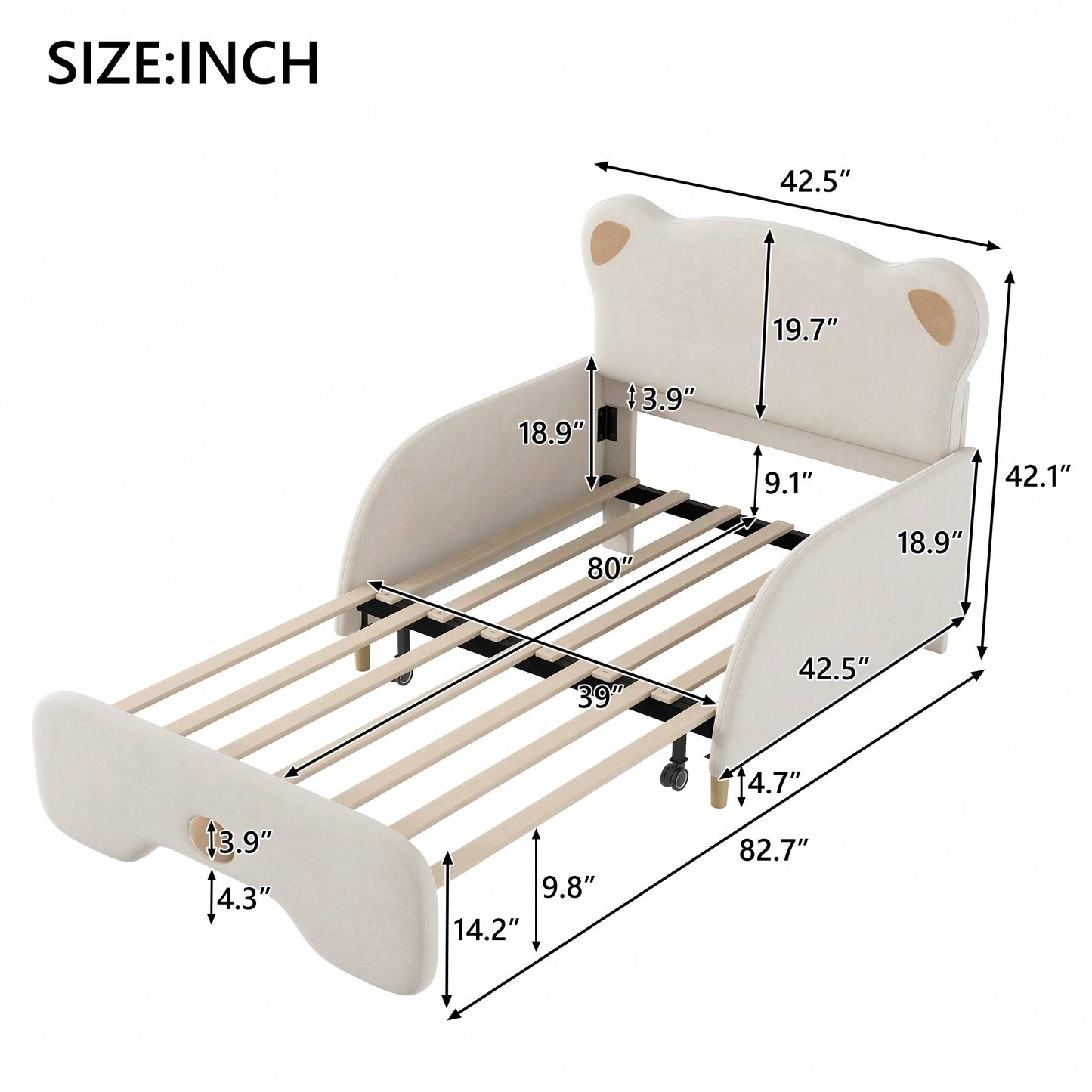 Twin XL Upholstered Stretchable Sofa Bed With Bear Shaped Headboard Beige