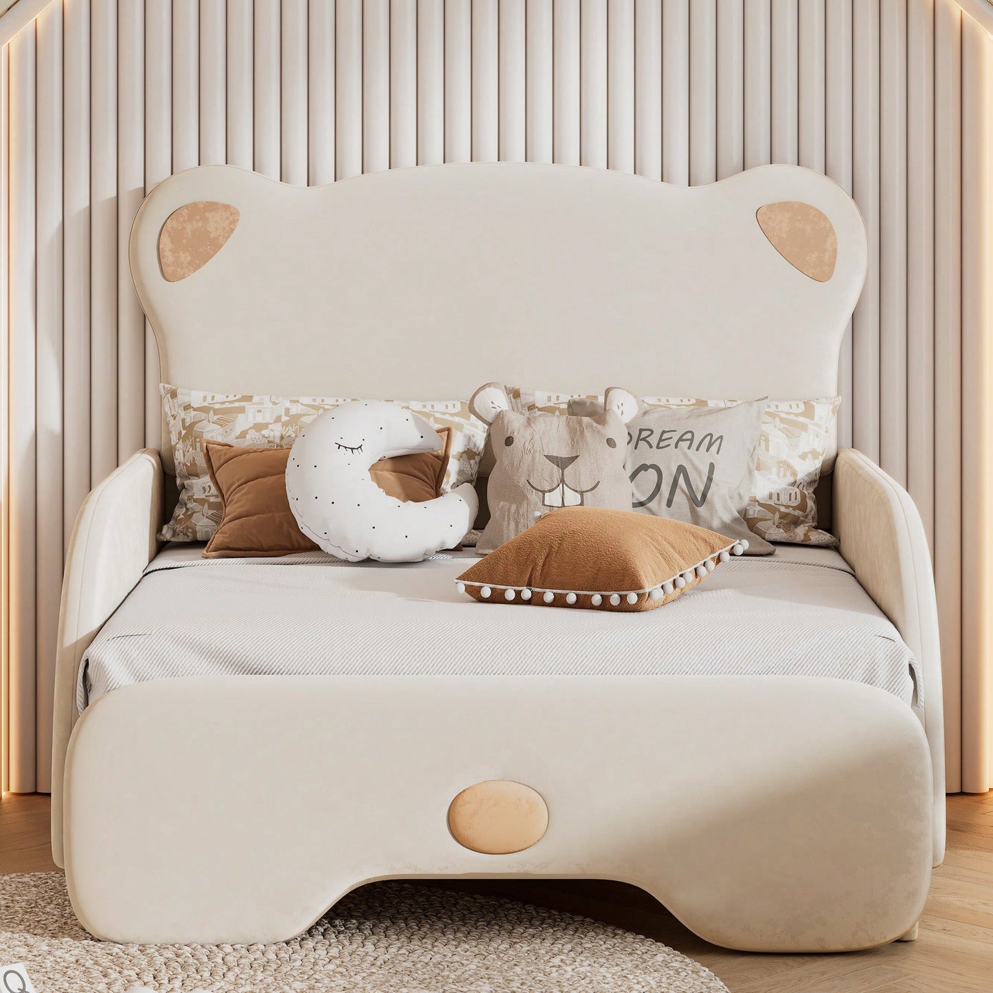 Twin XL Upholstered Stretchable Sofa Bed With Bear Shaped Headboard Beige