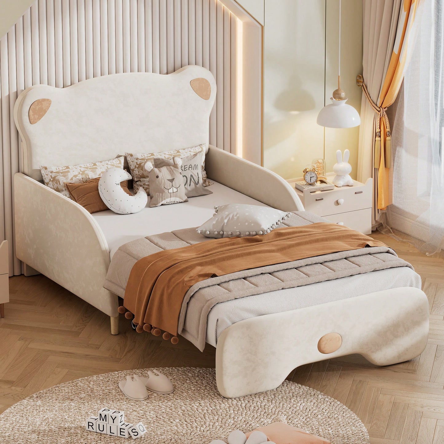 Twin XL Upholstered Stretchable Sofa Bed With Bear Shaped Headboard Beige