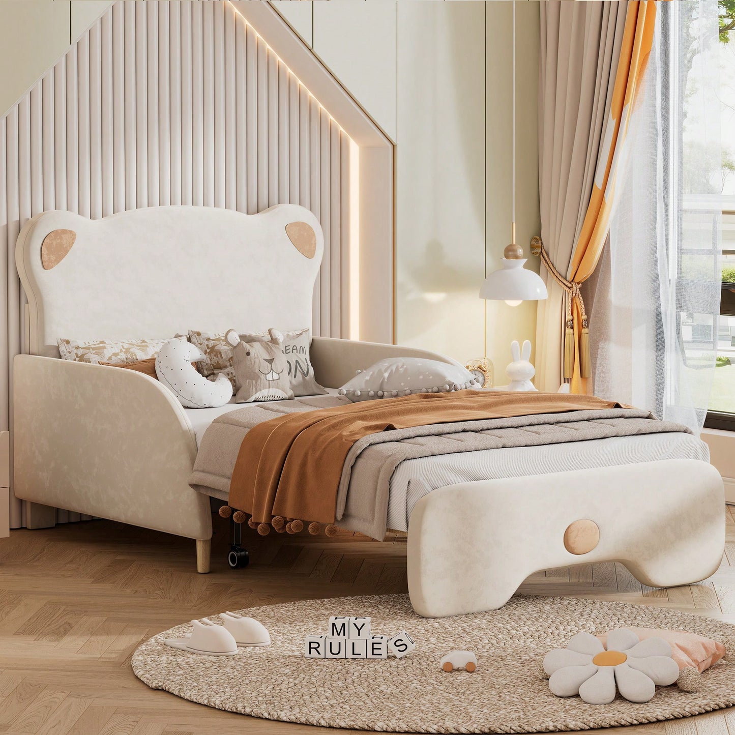 Twin XL Upholstered Stretchable Sofa Bed With Bear Shaped Headboard Beige