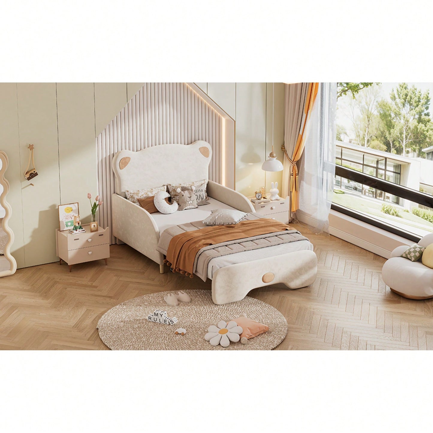 Twin XL Upholstered Stretchable Sofa Bed With Bear Shaped Headboard Beige