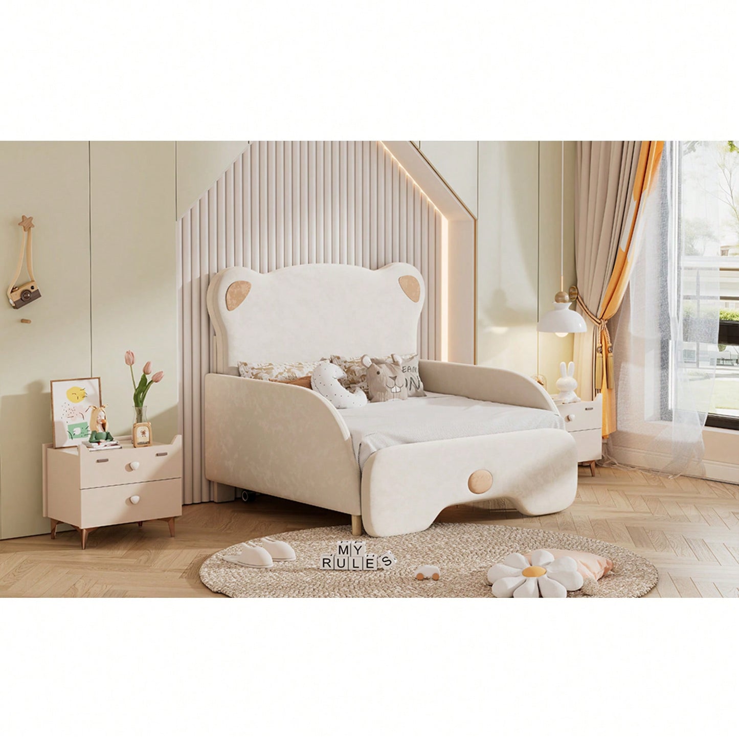 Twin XL Upholstered Stretchable Sofa Bed With Bear Shaped Headboard Beige