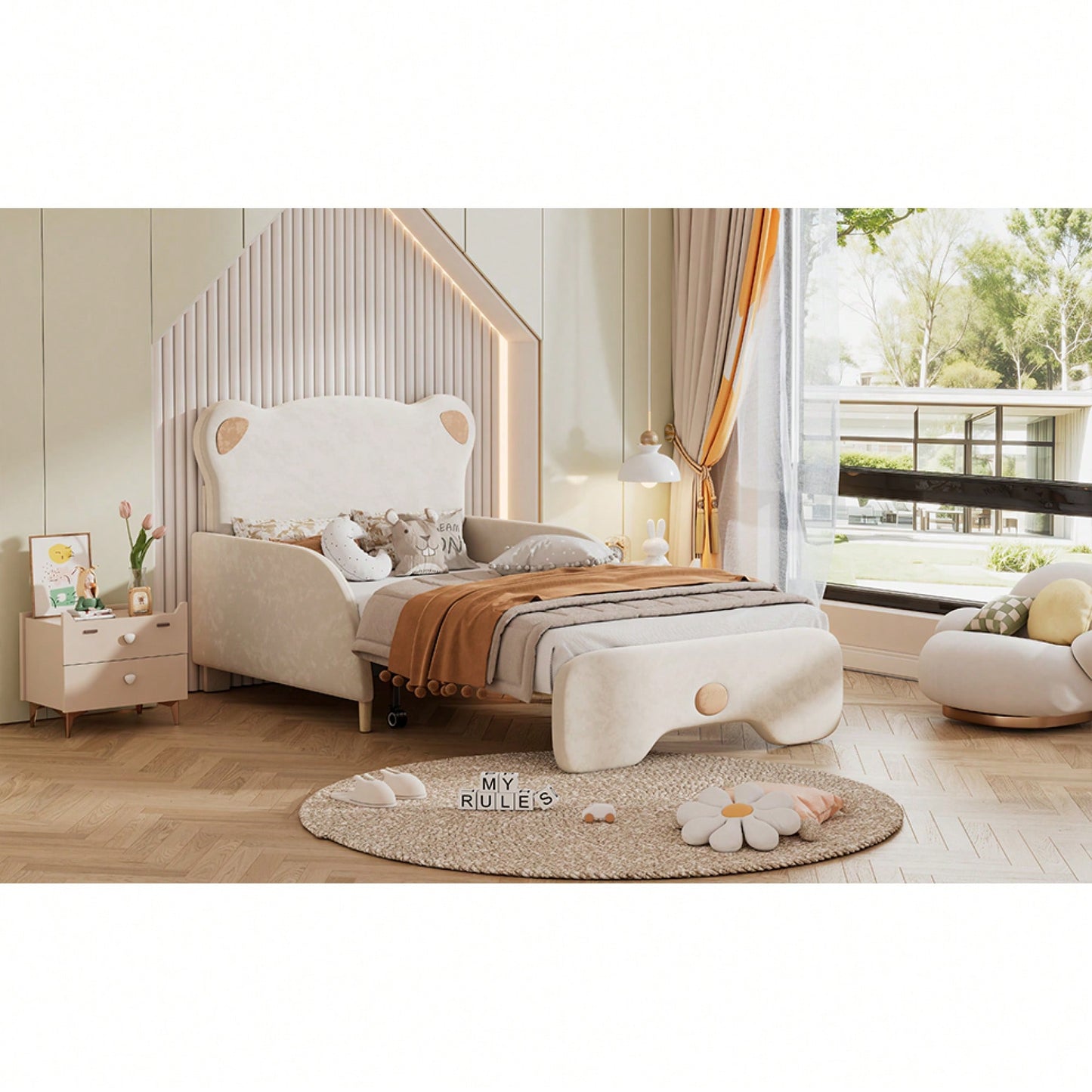 Twin XL Upholstered Stretchable Sofa Bed With Bear Shaped Headboard Beige