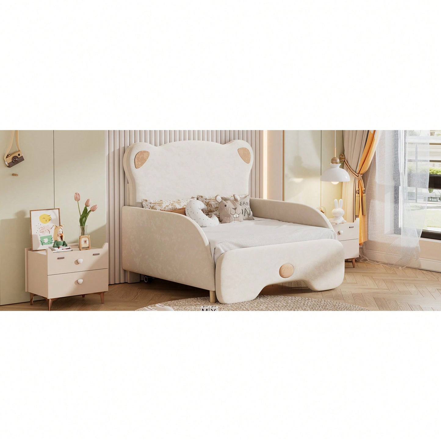 Twin XL Upholstered Stretchable Sofa Bed With Bear Shaped Headboard Beige