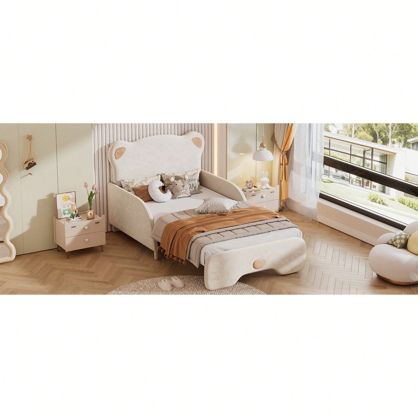 Twin XL Upholstered Stretchable Sofa Bed With Bear Shaped Headboard Beige