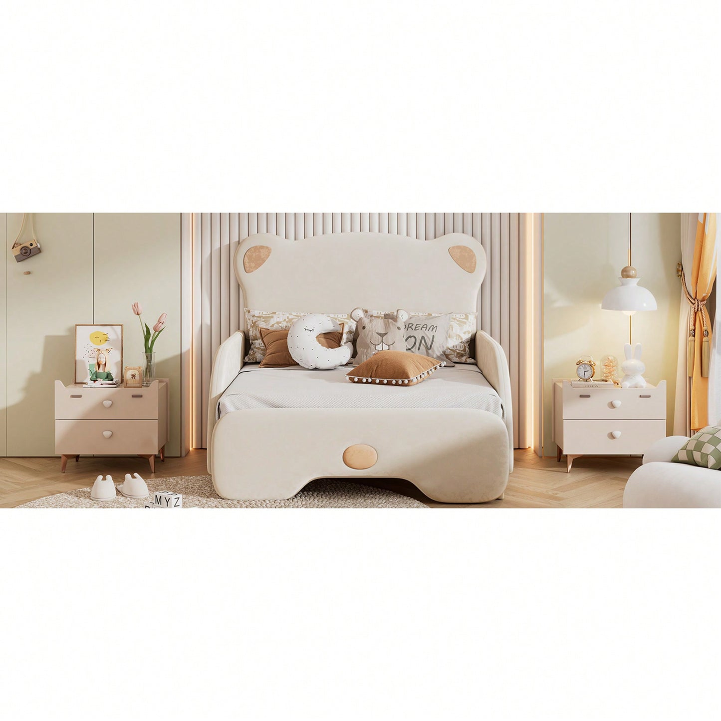 Twin XL Upholstered Stretchable Sofa Bed With Bear Shaped Headboard Beige