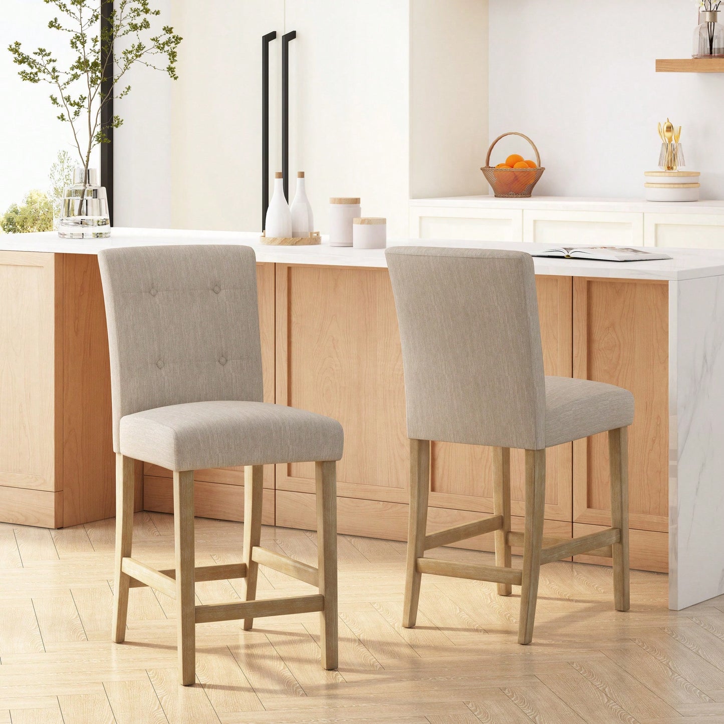 Button Tufted Counter Stools Set Of 2 26 Inch Stylish Upholstered Seating For Kitchen Island Or Bar Beige