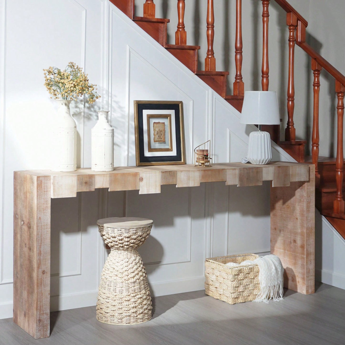 Rustic Modern Step-Block Design Console Table In Manufactured Wood For Living Room Or Entryway