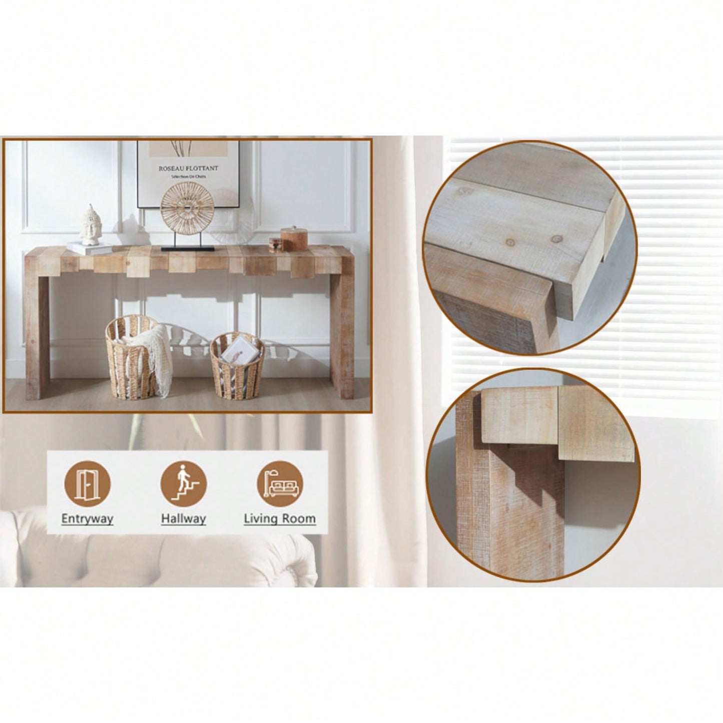 Rustic Modern Step-Block Design Console Table In Manufactured Wood For Living Room Or Entryway