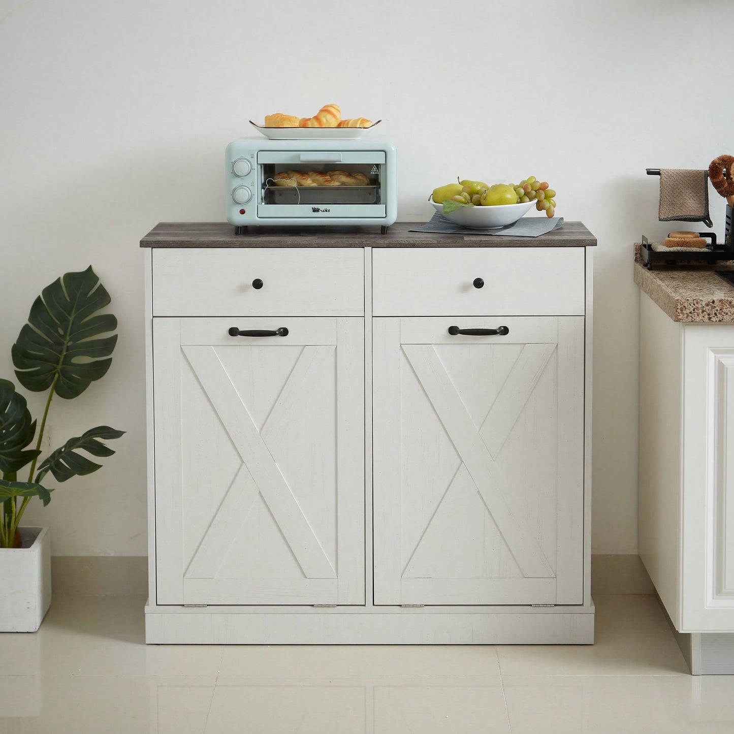 Double Door Tilt Trash Cabinet For Kitchen - White Double Compartment Trash Can
