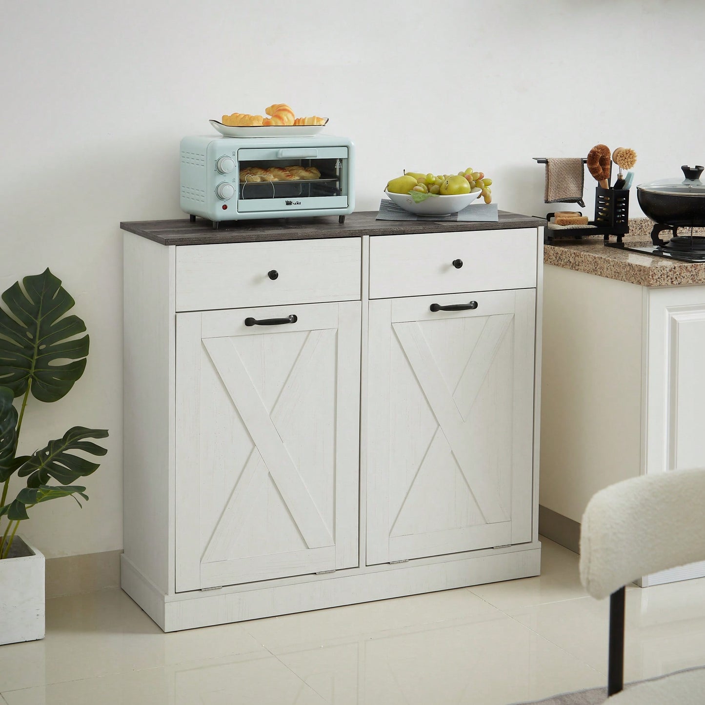 Double Door Tilt Trash Cabinet For Kitchen - White Double Compartment Trash Can