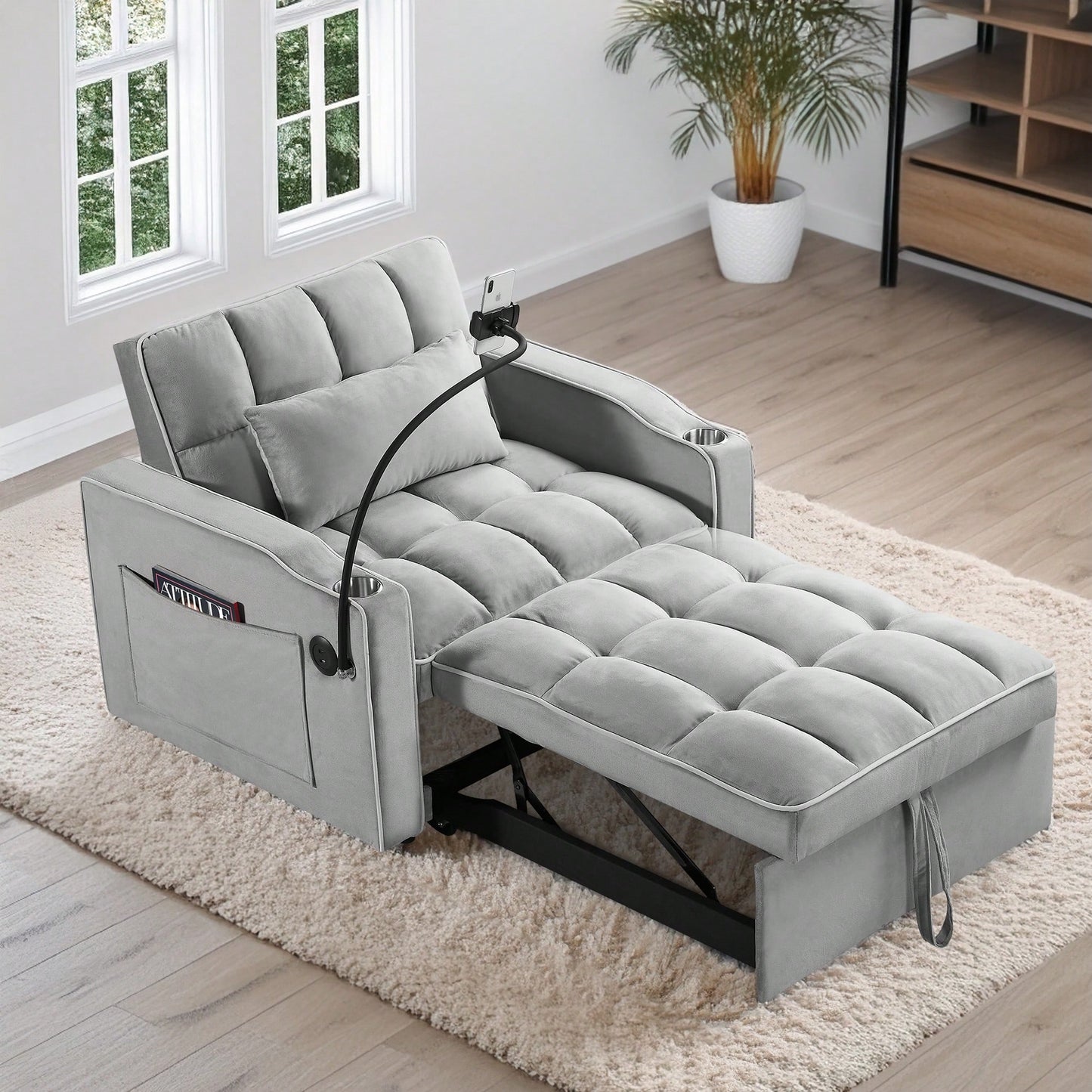 Adjustable Convertible Sleeper Chair Sofa Bed With Multi-Pockets For Small Spaces Living Room And Bedroom 3-In-1 Design