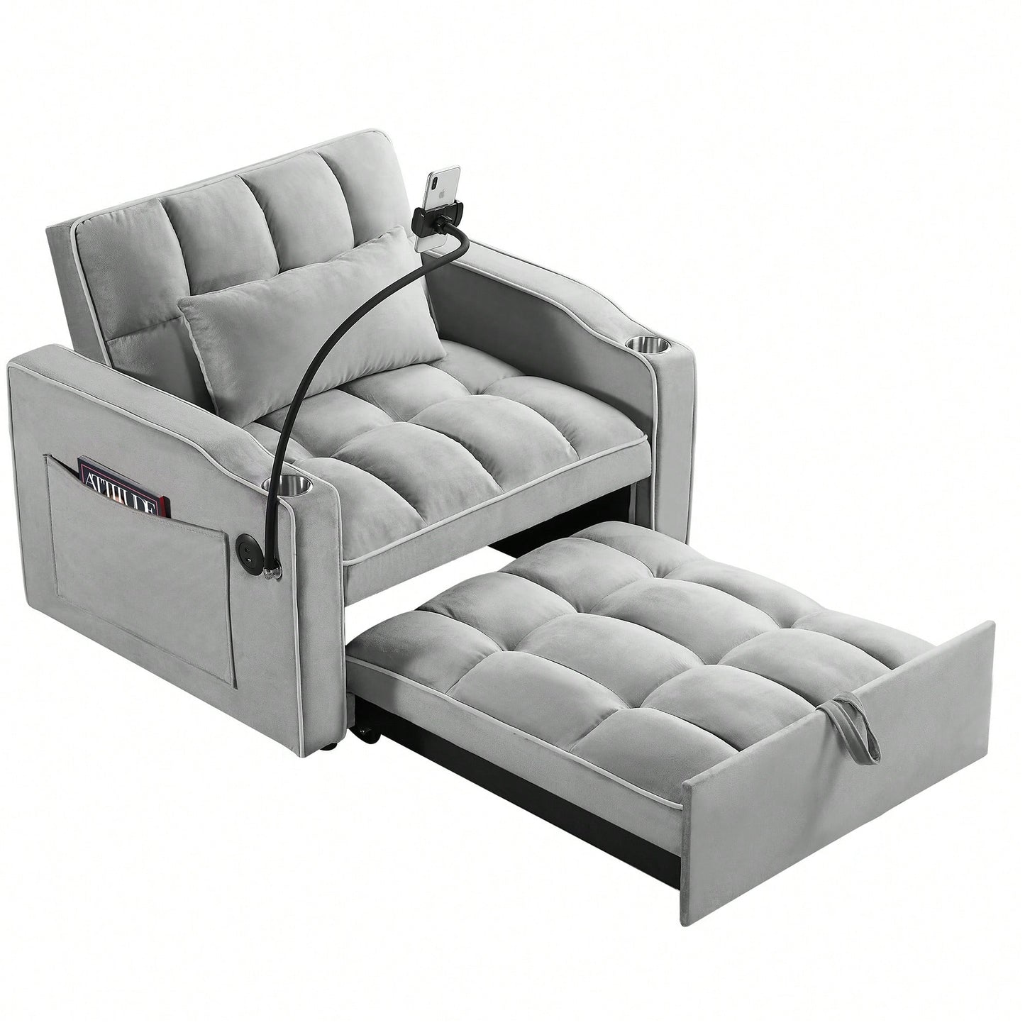 Adjustable Convertible Sleeper Chair Sofa Bed With Multi-Pockets For Small Spaces Living Room And Bedroom 3-In-1 Design