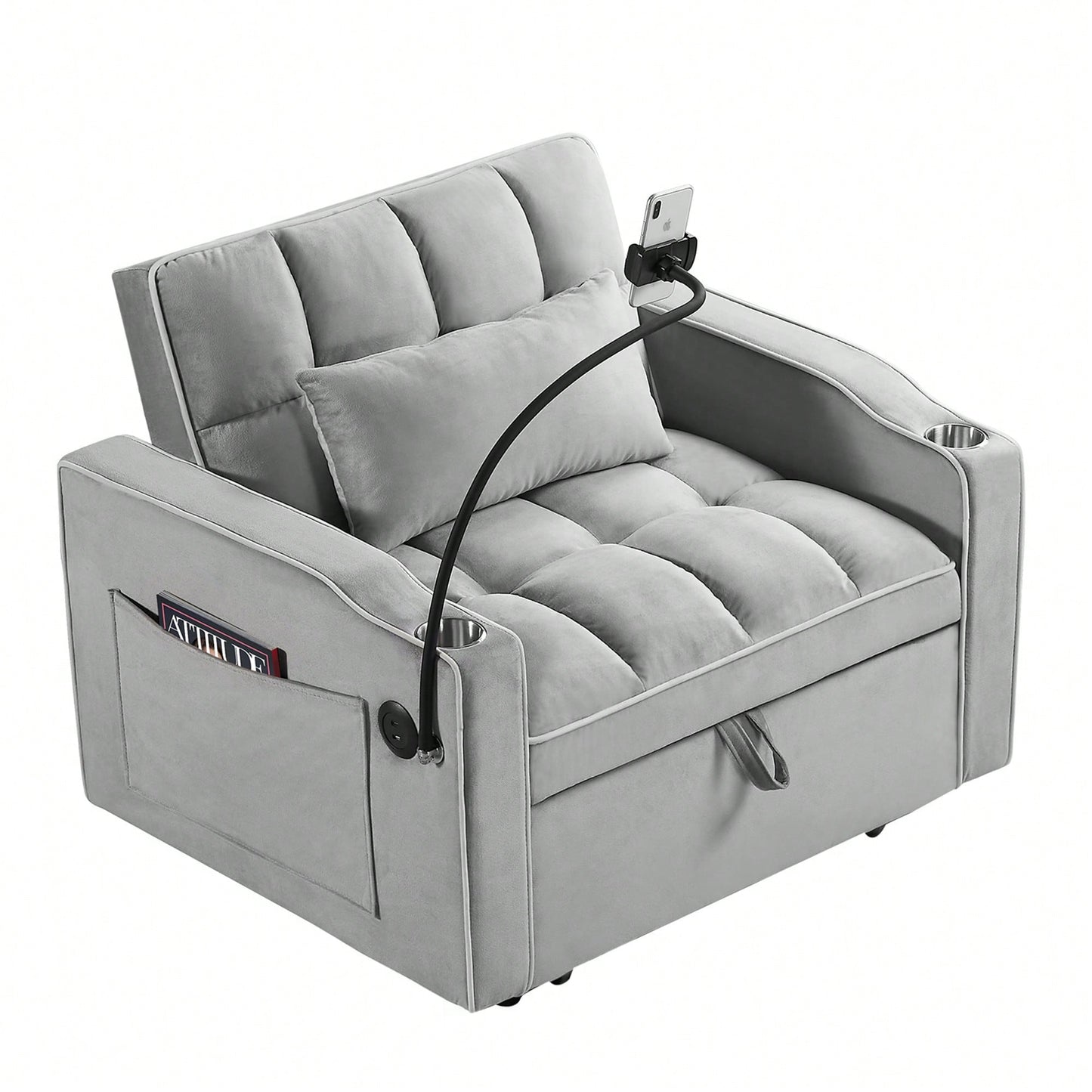 Adjustable Convertible Sleeper Chair Sofa Bed With Multi-Pockets For Small Spaces Living Room And Bedroom 3-In-1 Design