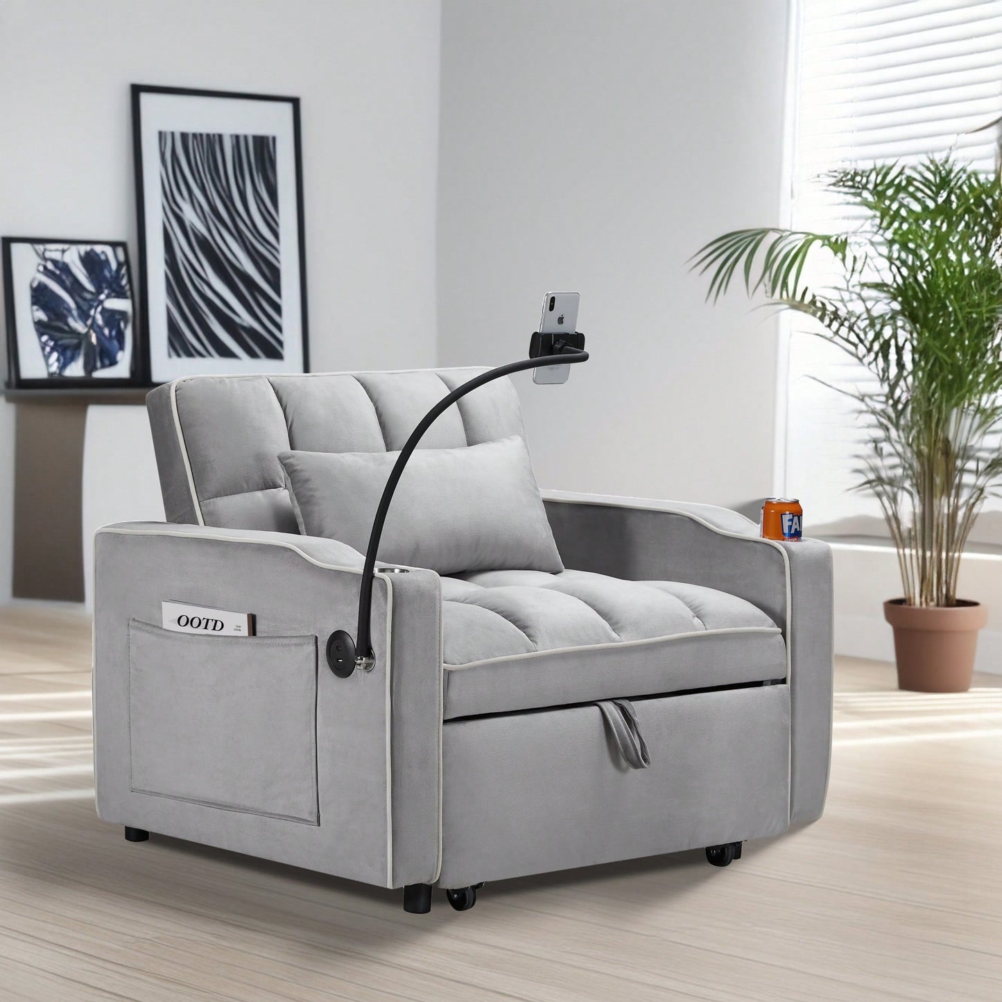 Adjustable Convertible Sleeper Chair Sofa Bed With Multi-Pockets For Small Spaces Living Room And Bedroom 3-In-1 Design