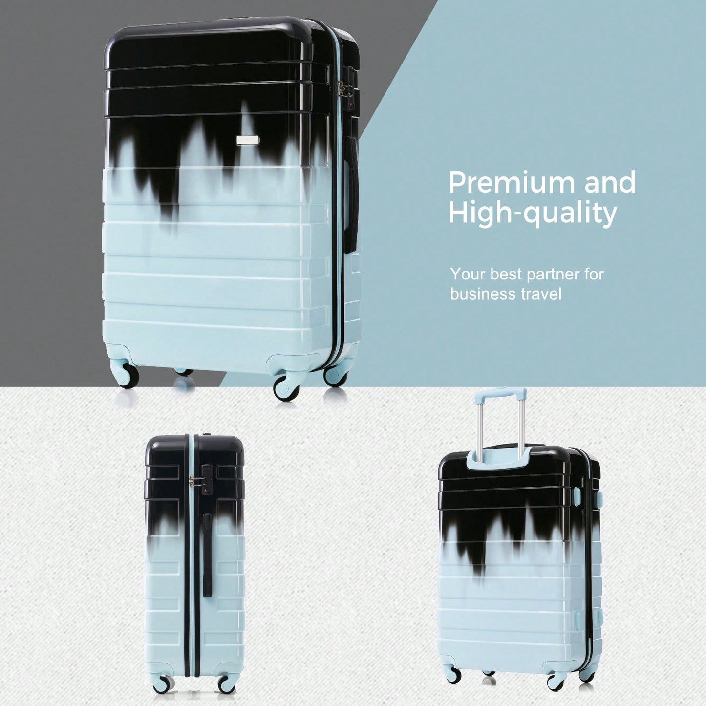 Lightweight Durable ABS Hardshell 3-Piece Luggage Set With Spinner Wheels And TSA Lock In Blue And Black - 20'', 24'', 28'' Sizes