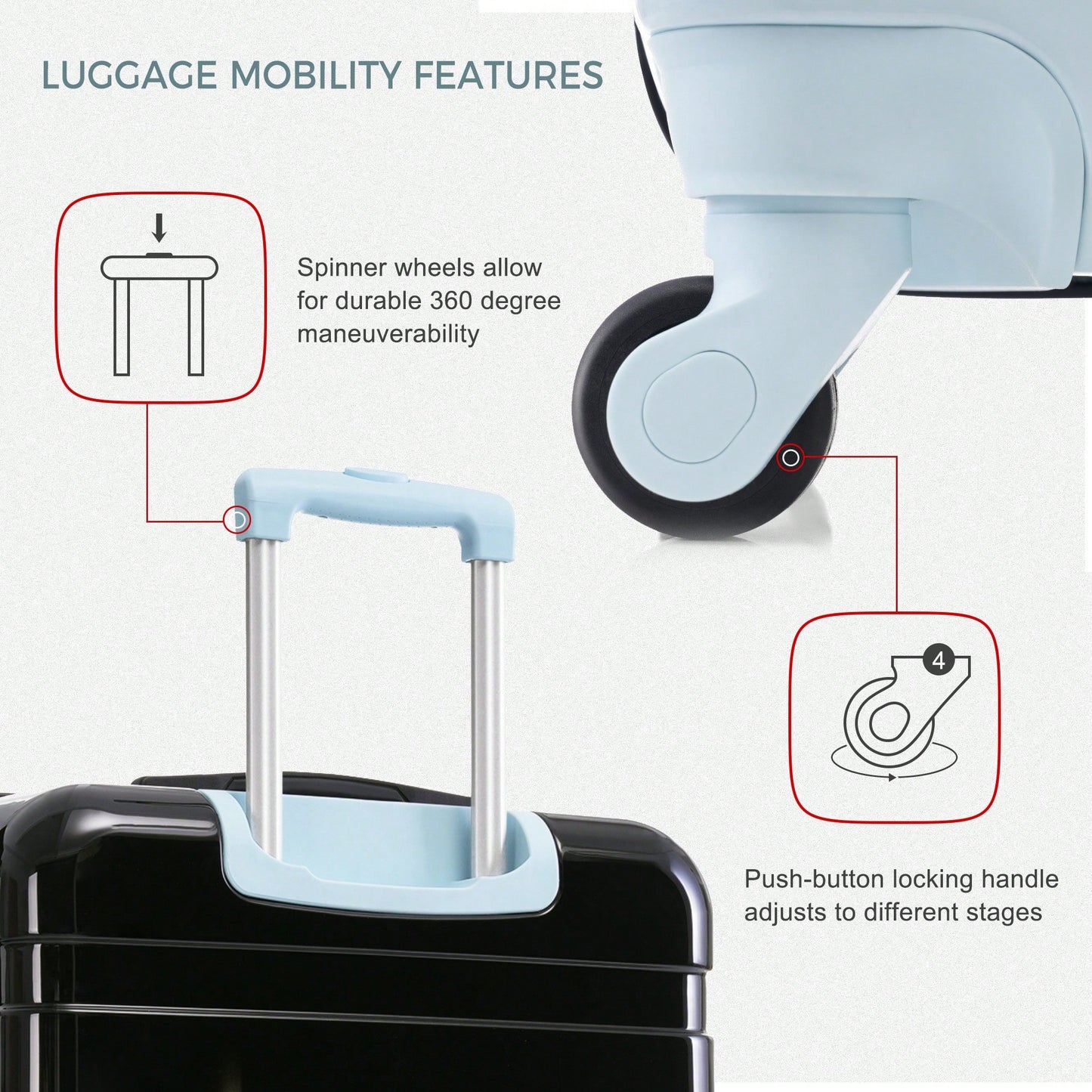 Lightweight Durable ABS Hardshell 3-Piece Luggage Set With Spinner Wheels And TSA Lock In Blue And Black - 20'', 24'', 28'' Sizes