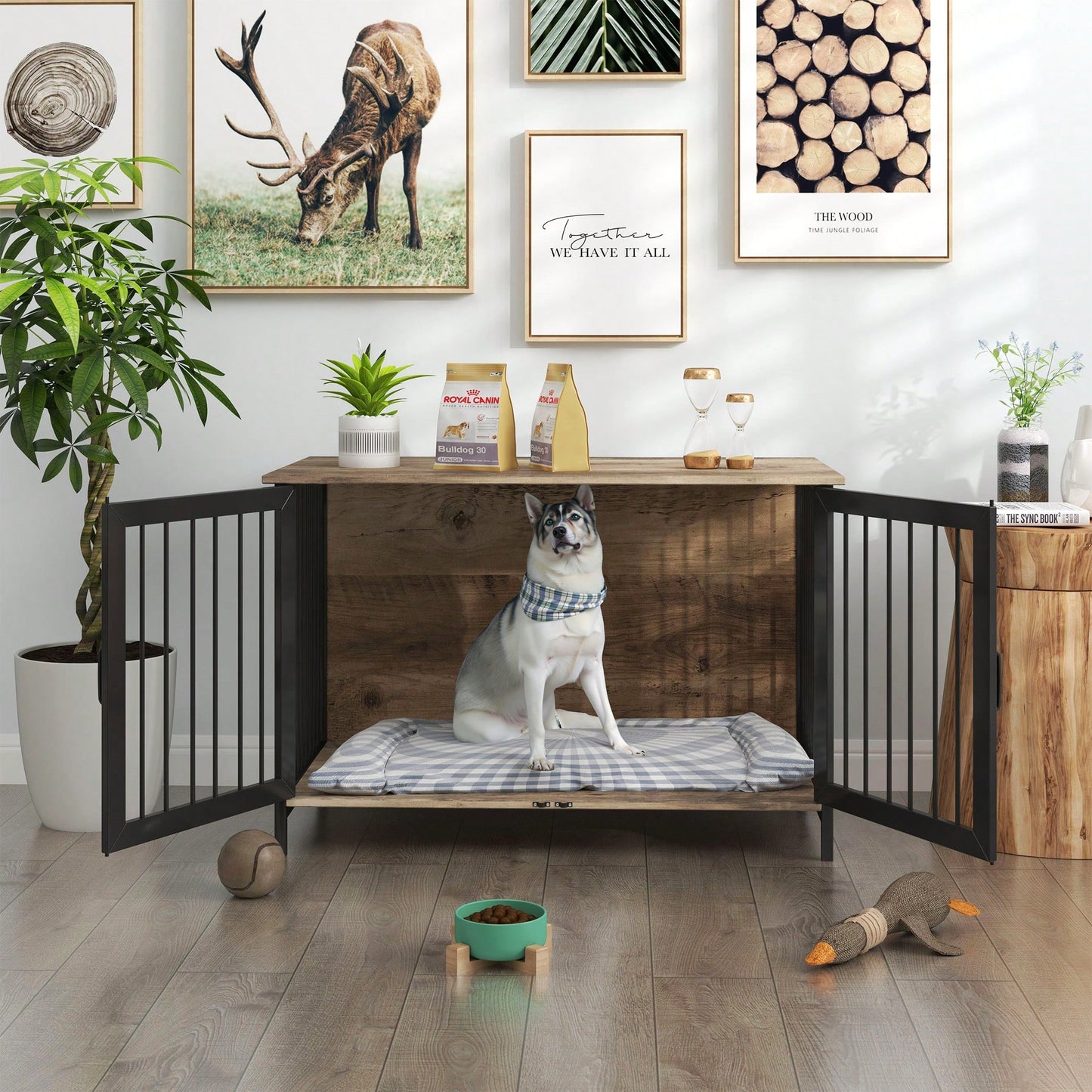 Stylish Wooden Dog Crate Furniture For Large And Medium Breeds With Double Doors Indoor Kennel Solution