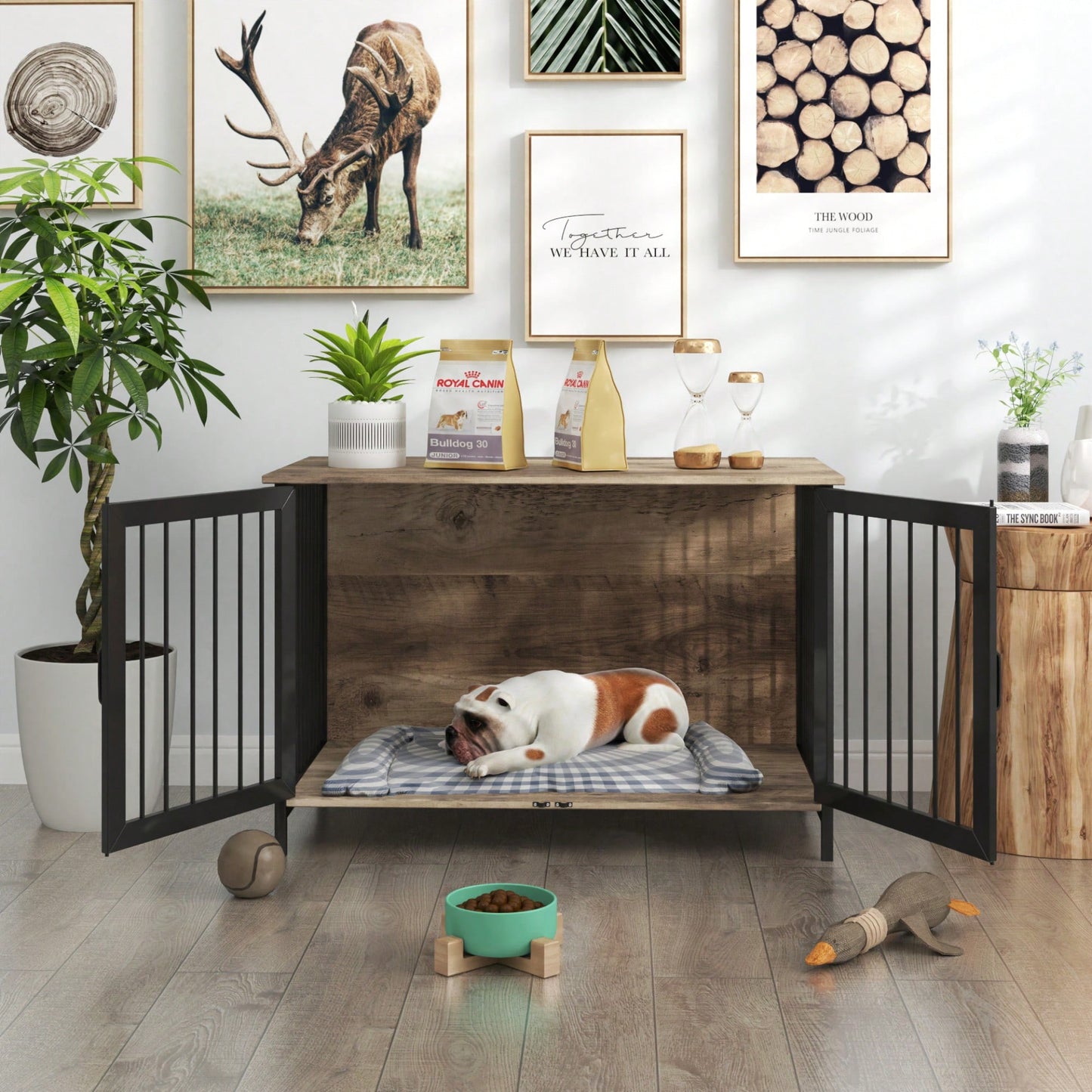 Stylish Wooden Dog Crate Furniture For Large And Medium Breeds With Double Doors Indoor Kennel Solution