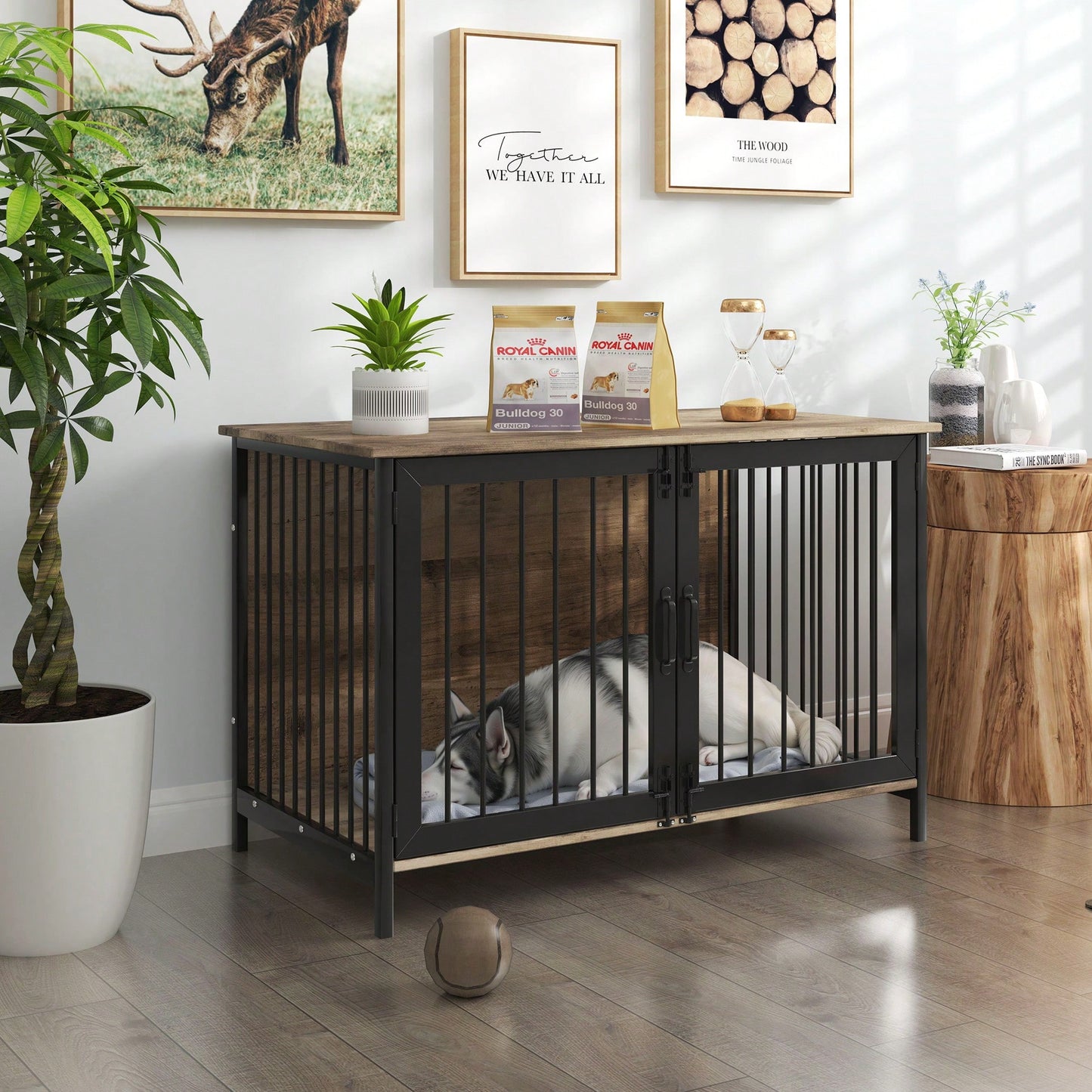 Stylish Wooden Dog Crate Furniture For Large And Medium Breeds With Double Doors Indoor Kennel Solution