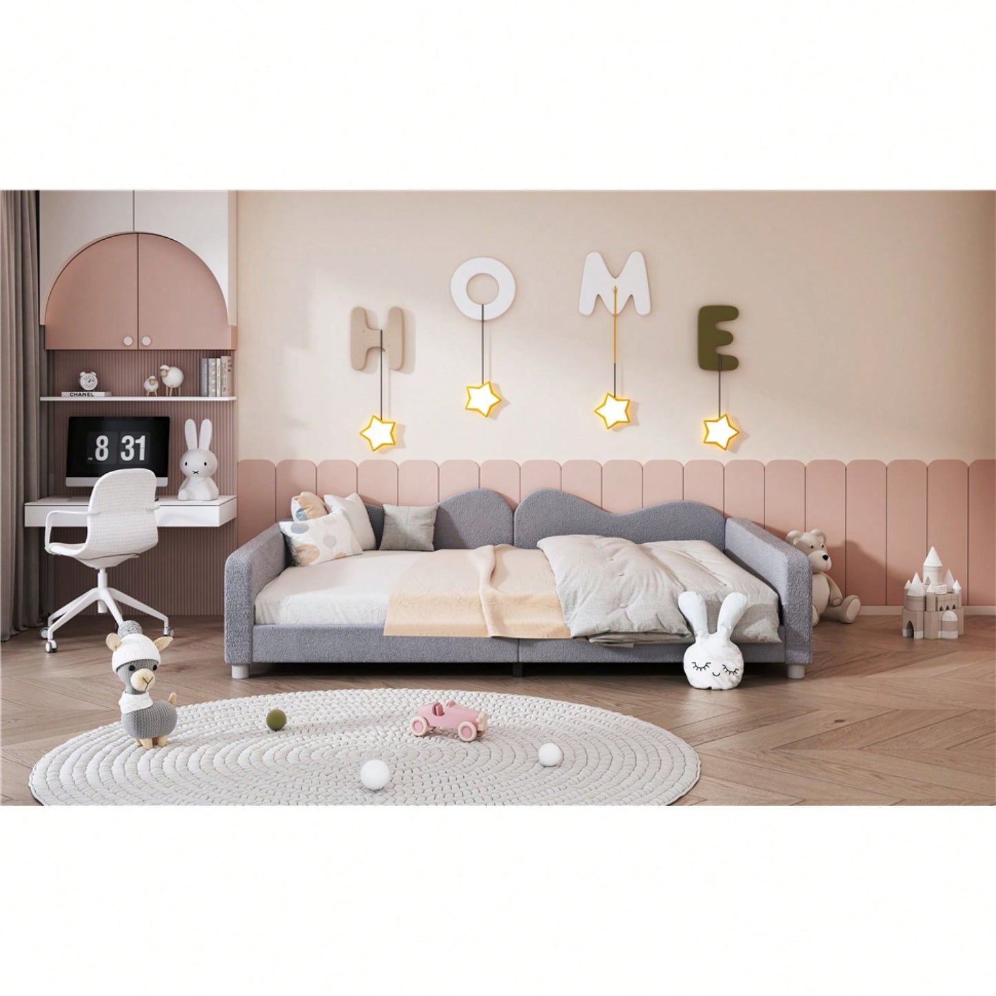 Full Size Upholstered Daybed With Sherpa Fabric And Cloud-Shaped Backrest No Box Spring Required In White