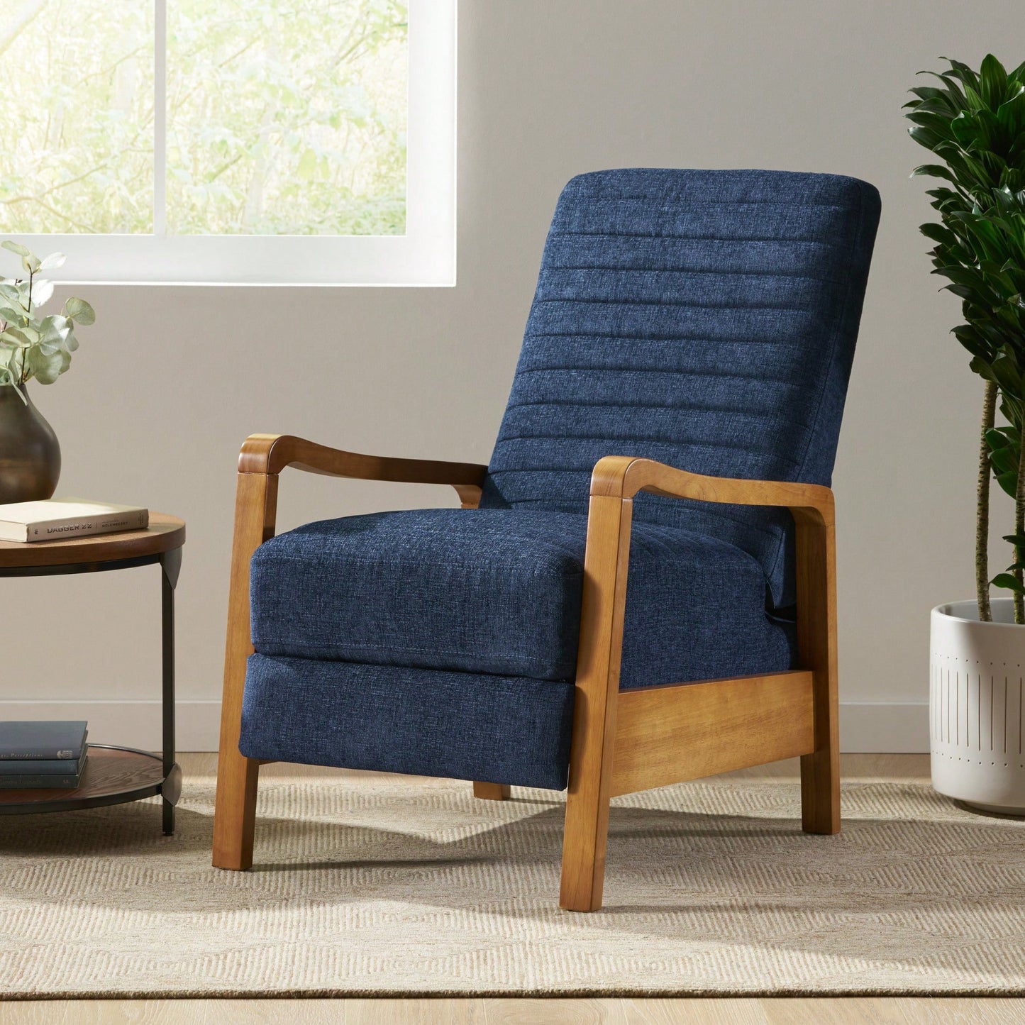 Elegant Fabric Manual Recliner With Wooden Accents For Ultimate Comfort