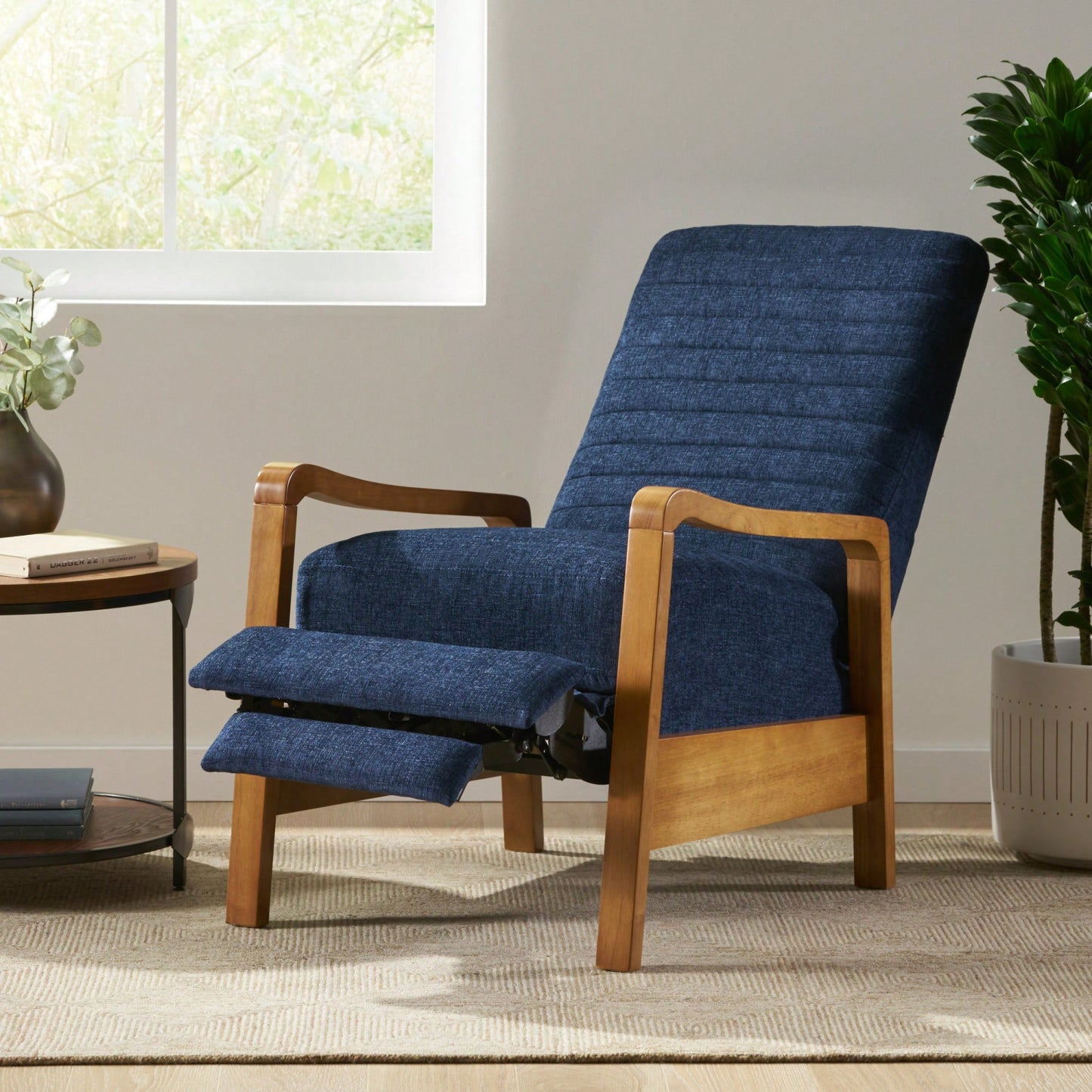 Elegant Fabric Manual Recliner With Wooden Accents For Ultimate Comfort