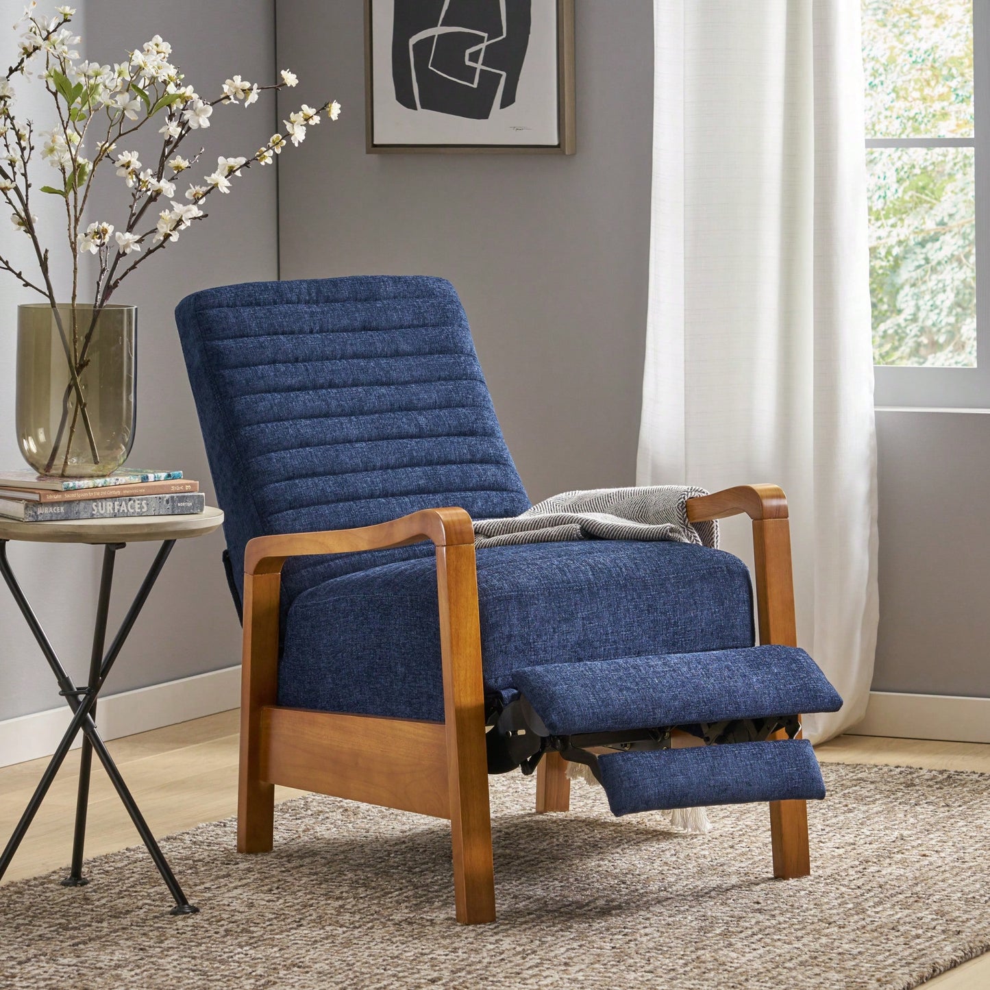 Elegant Fabric Manual Recliner With Wooden Accents For Ultimate Comfort